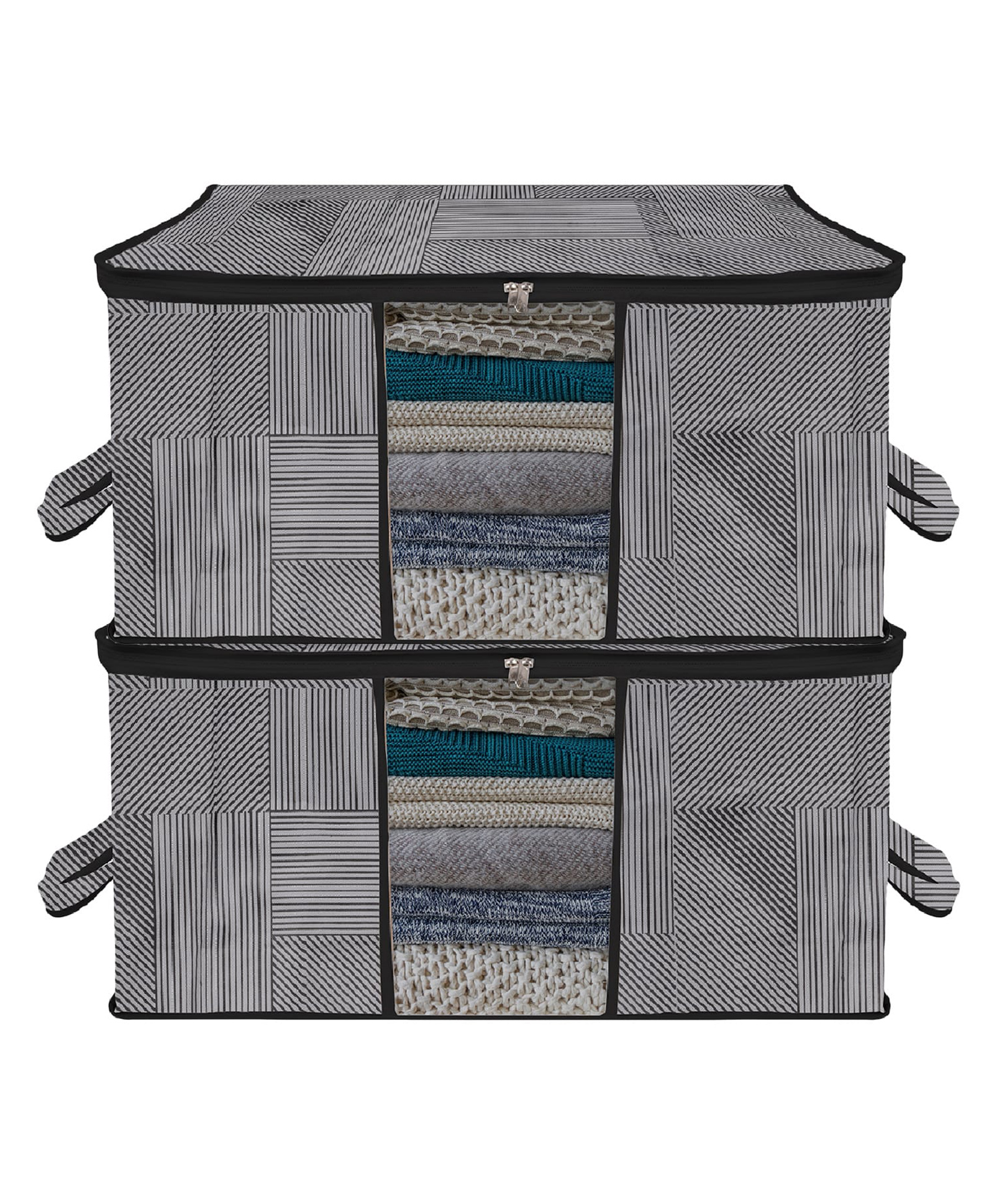 Kuber Industries Underbed Storage BagNon-Woven Lining Print Blanket CoverRazai CoverDuvet Cover Transparent Window & HandleLargePack of 2,Gray,