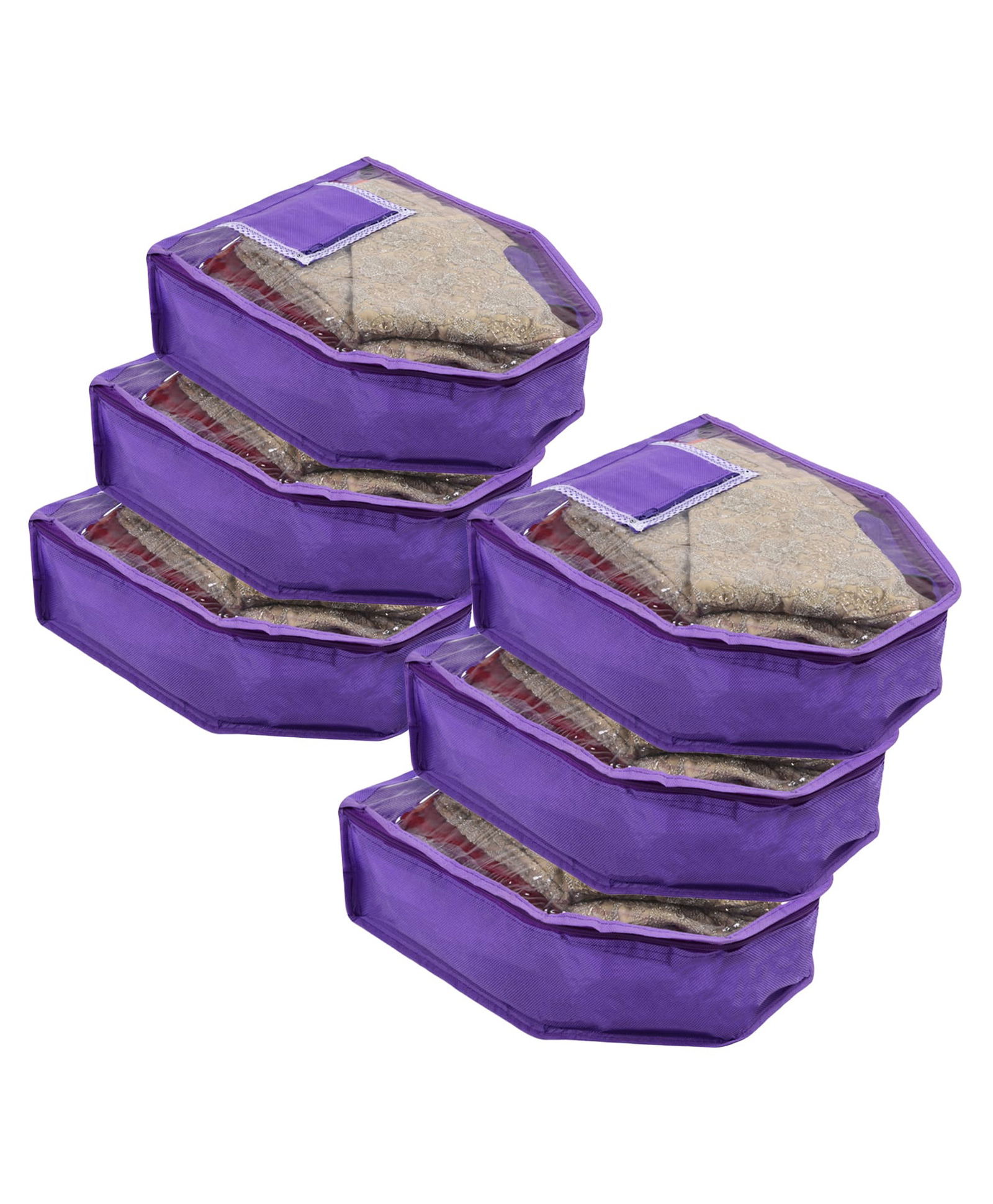 Kuber Industries Blouse Cover  Non Woven Foldable Wardrobe Organizer For Woman  Cloth Organizer Top Transparent & One Small Pocket  Pack of 6  Purple-picture-11