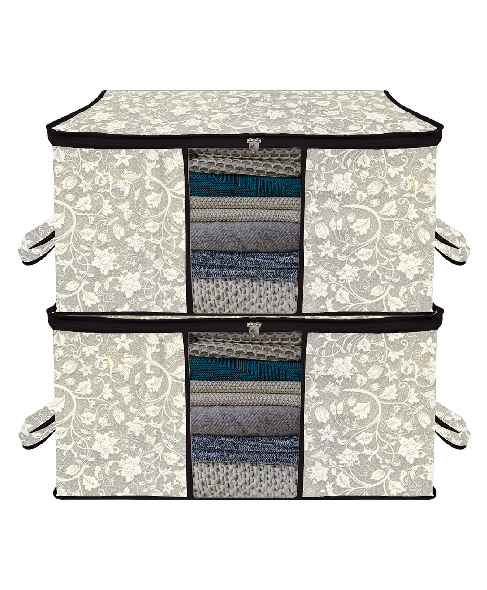 Kuber Industries Underbed Storage Bag   Clothes Storage Organizer  Blanket Cover with Clear Window  Zipper Closure & Handle Cloth Organizer  Flower-Design  Large  Pack of 2  Black