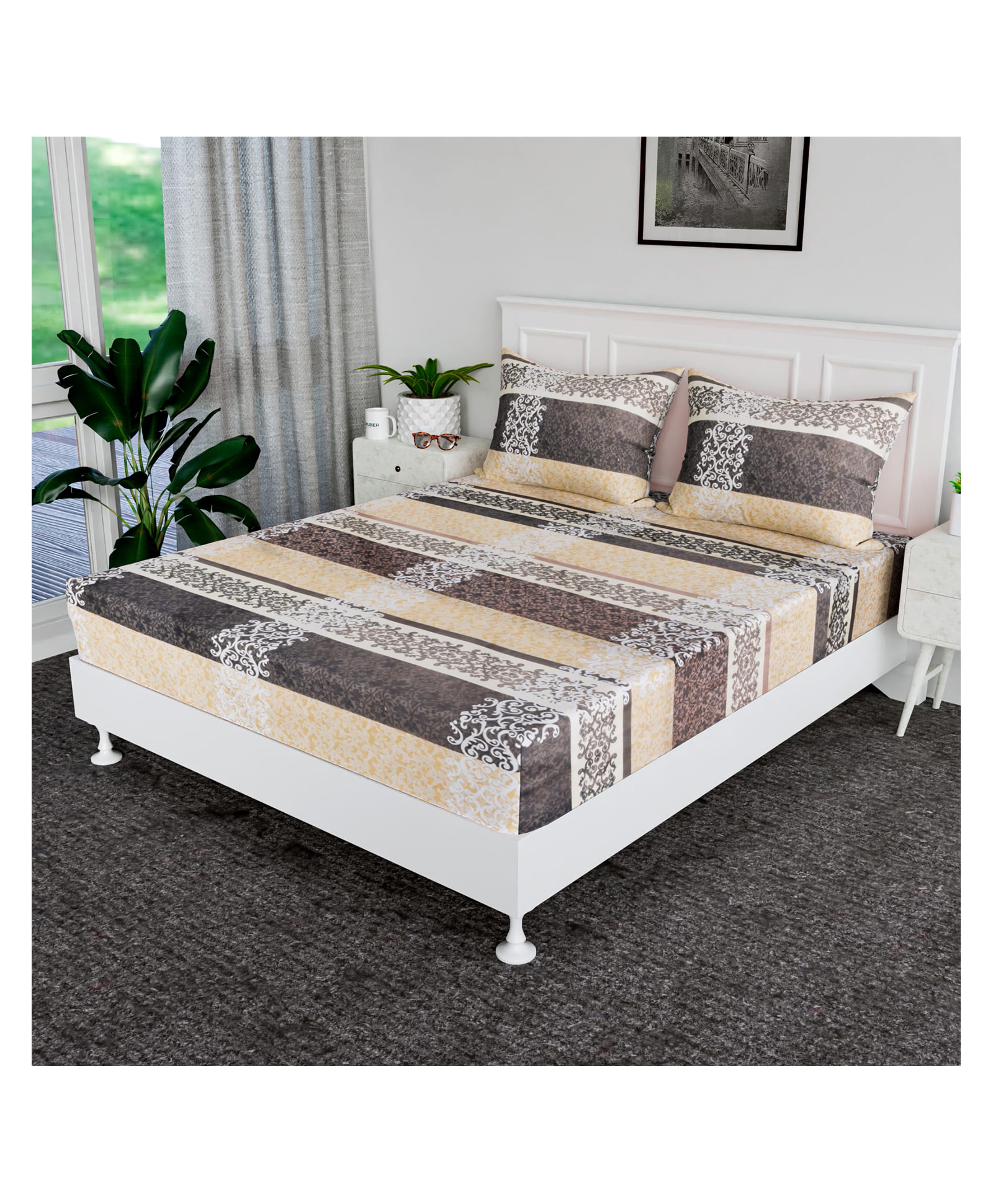 Kuber Industries Double Bedsheet  Premium Cotton Bedsheet with 2 Pillow Covers  Bedsheet for Bedroom  Bedsheet for Double Bed  Black Patta Box Bedsheet  Cream-picture-10