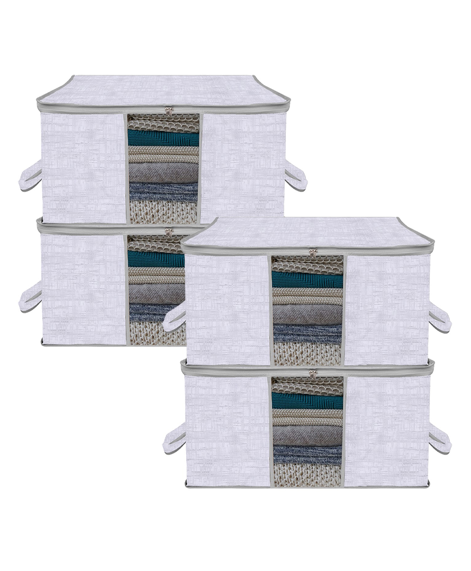 Kuber Industries Underbed Storage Bag Clothes Storage Organizer Clear Window Blanket Cover Cloth Organizer with Handle Jute Printed-Design Large Pack of 4 Gray