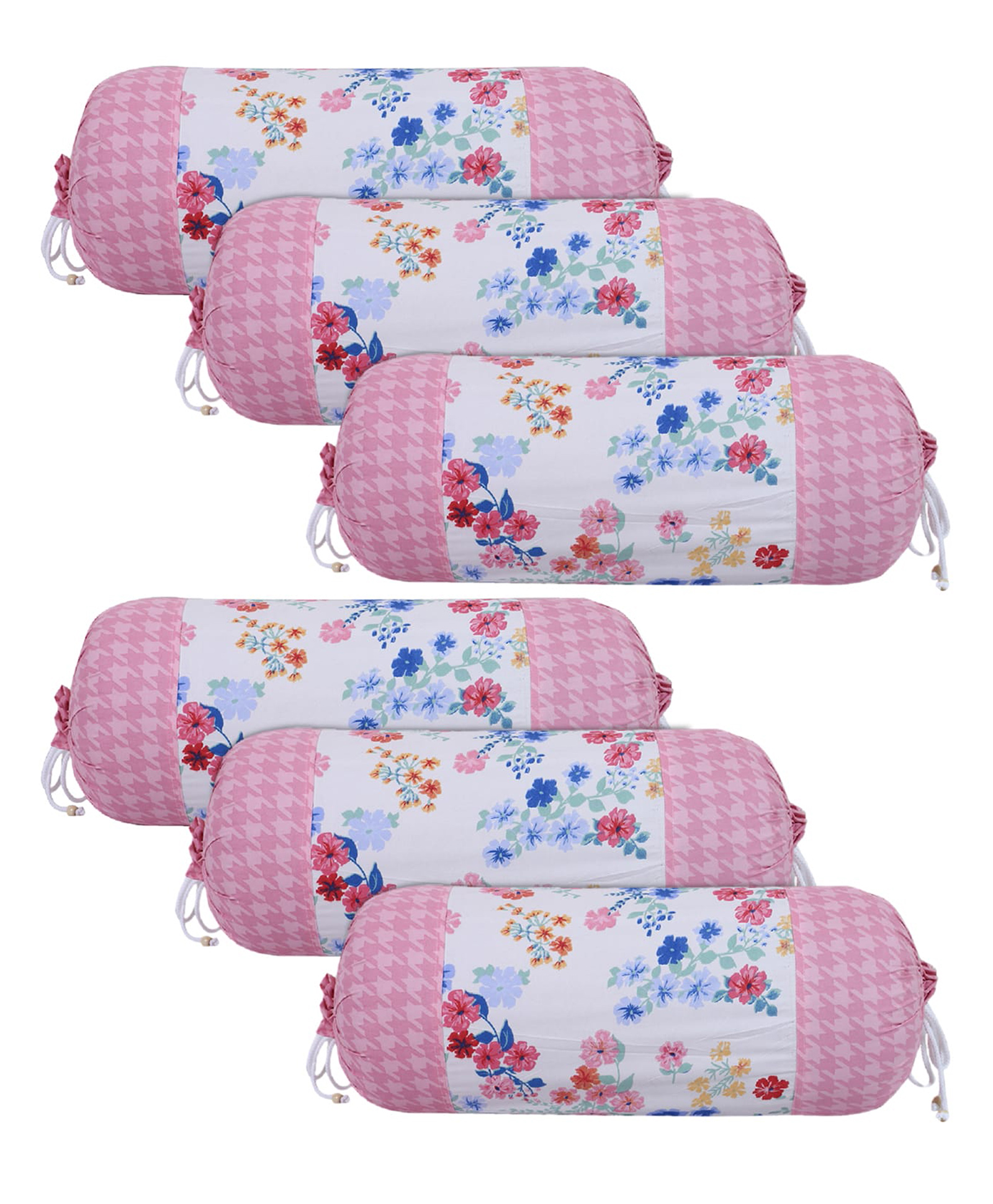 Kuber Industries Cotton Floral Print Attractive Bolster Cover With Drawstring for Home Decor Set of 6 - White-picture-12