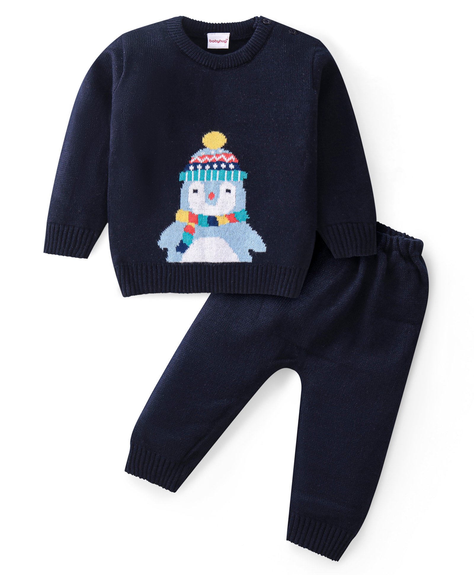 Babyhug Knitted Full Sleeves Sweater Set Penguin Design - Red & Navy Blue-image-10