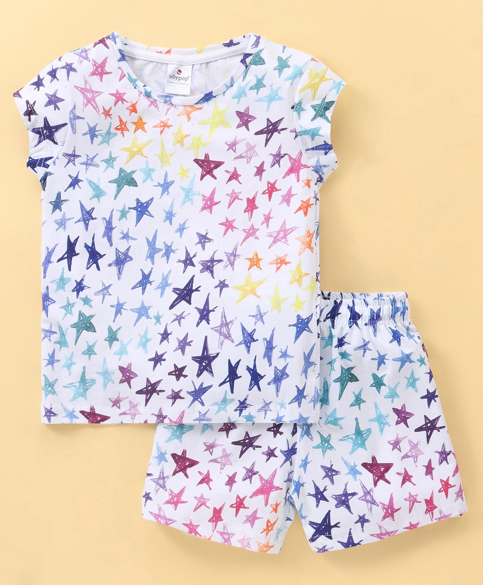 Ollypop Cotton Lycra Knit Half Sleeves Night Suit Star Print - White-picture-8