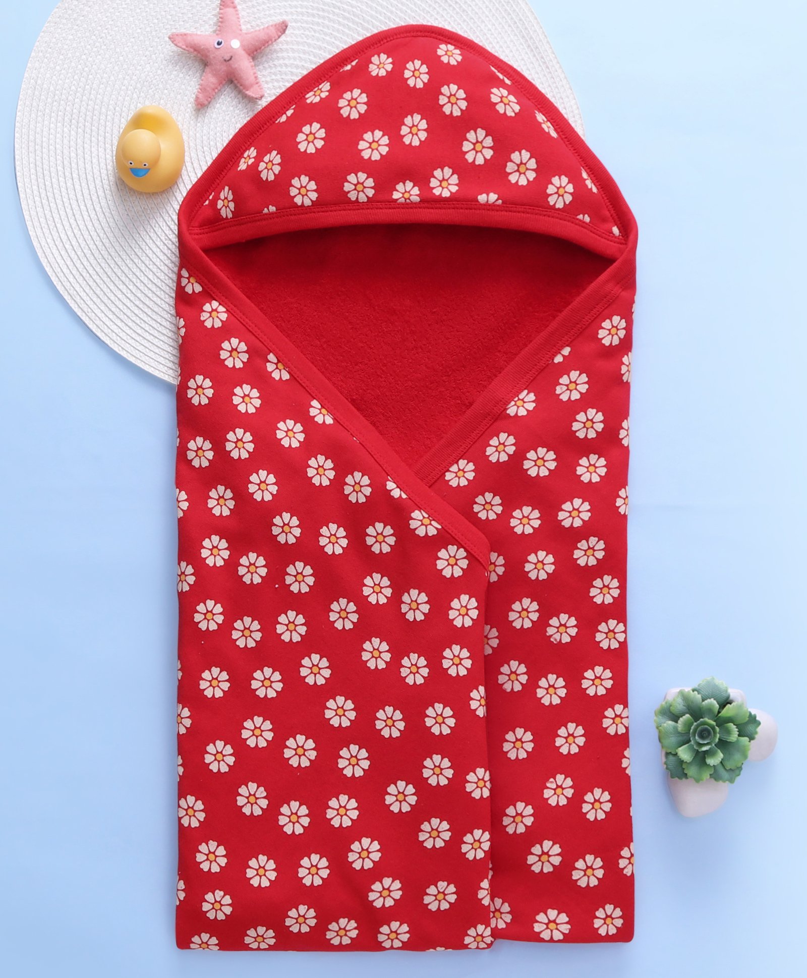 Babyhug Terry Woven Hooded Bath Towel with Floral Print L 76 X B 76 cm - Red-image-36