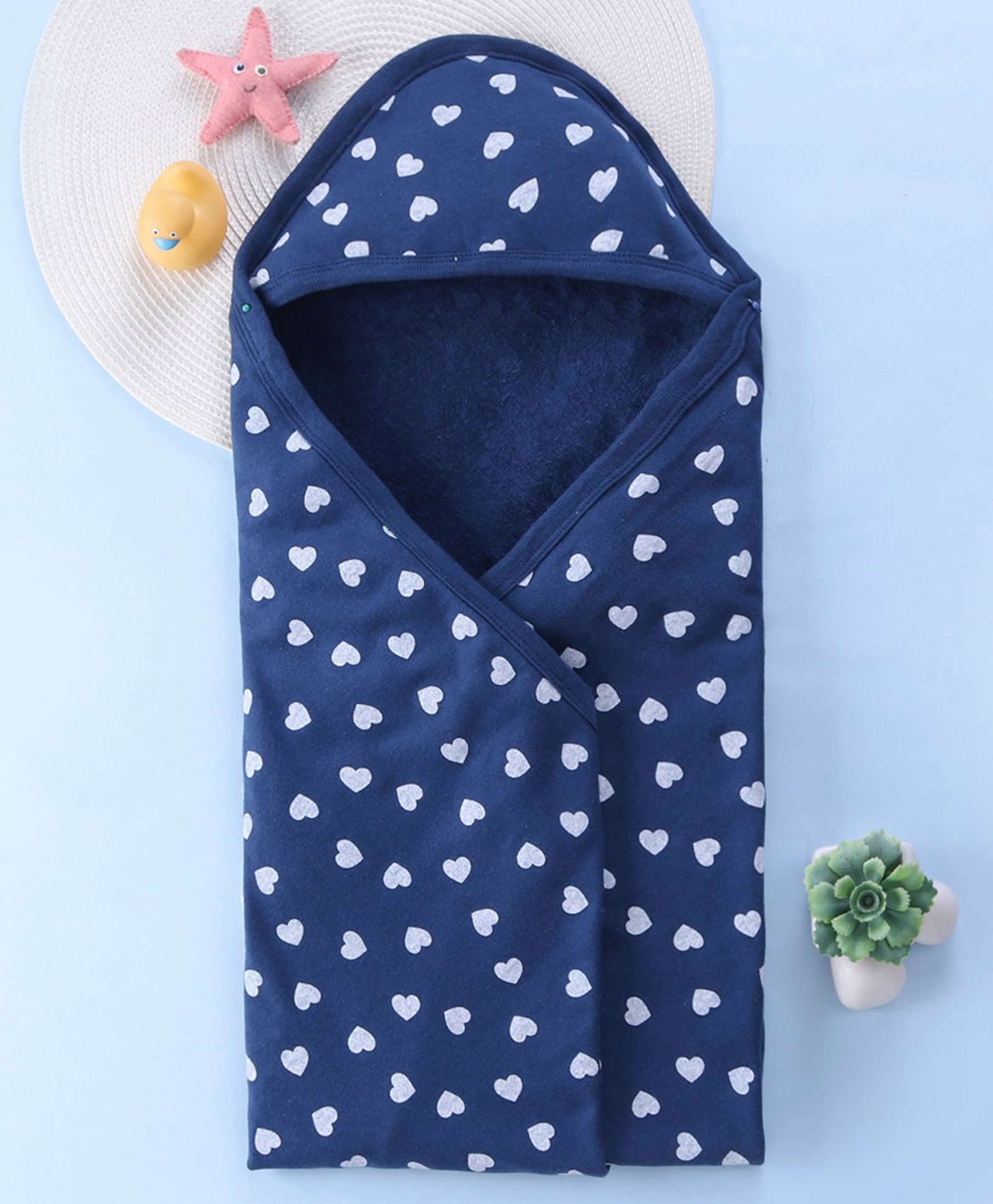 Babyhug Terry Woven Hooded Bath Towel with Heart Print L 76 X B 76 cm - Navy Blue-image-15