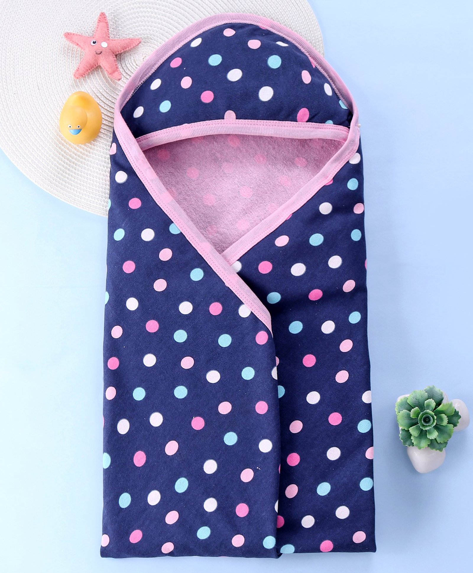 Babyhug Woven Terry Cotton Hooded Towel Polka Dots Print L 73 x B 73 cm - Blue & Pink-image-40