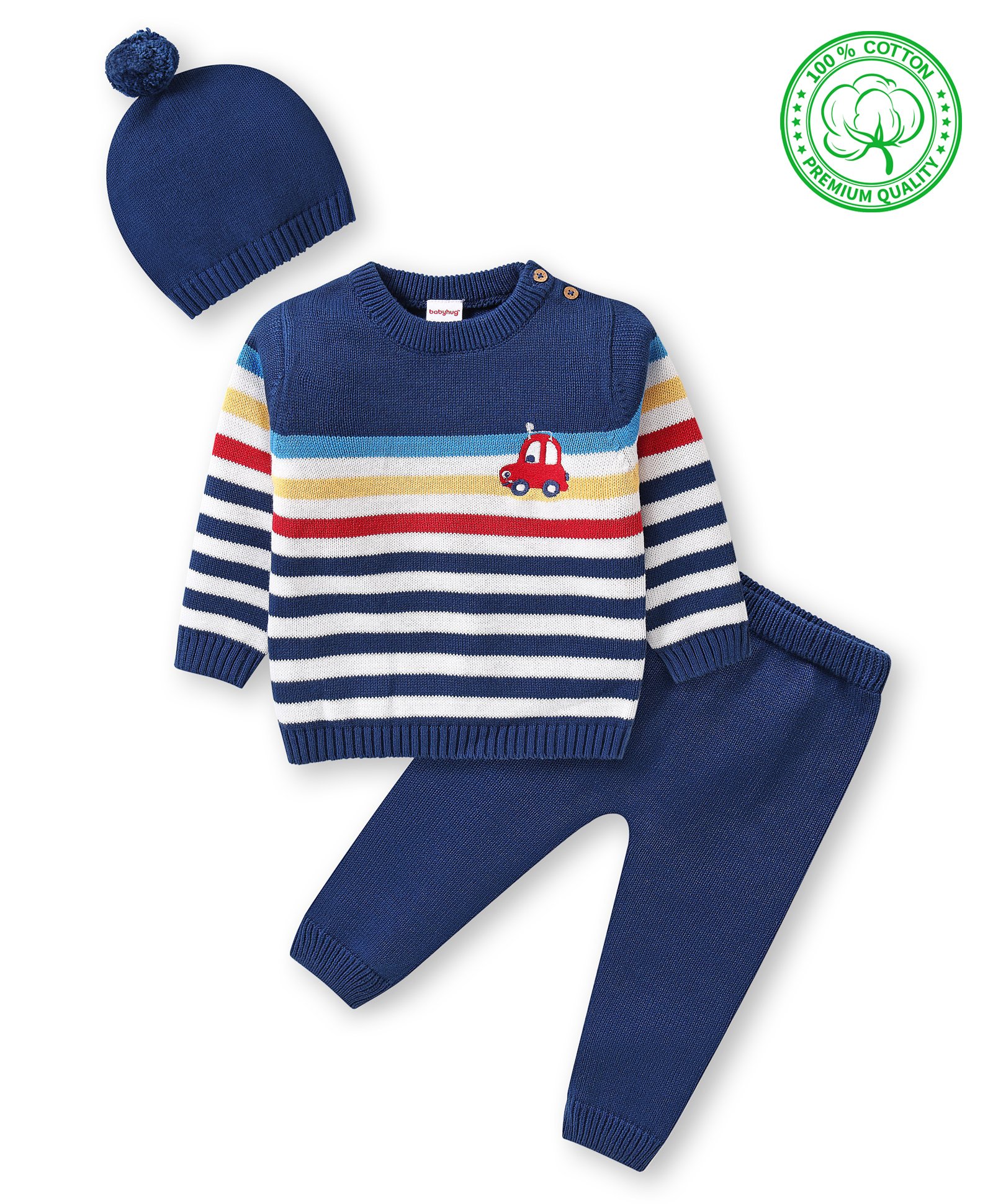 Babyhug Organic Cotton Knit Full Sleeves Sweater Set with Cap Stripes & Car Design - Navy Blue-image-4