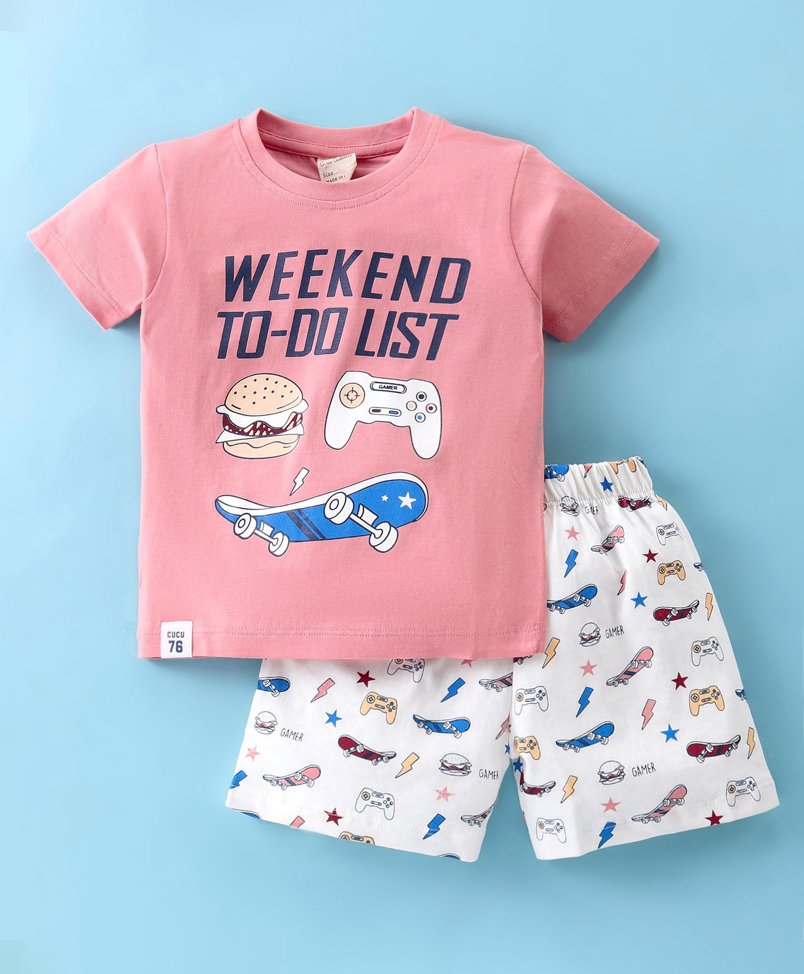 Cucumber Sinker Half Sleeves T-Shirt & Shorts Set Skateboard Print - Pink-picture-26