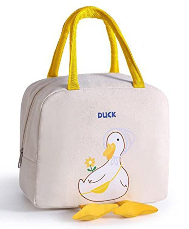 House of Quirk Insulated Reusable Lunch Bag Tote Bag for Women Printed Lunch Bag for School Picnic Office Outdoor Gym  - Beige Cute Duck   - Oxford cloth+ Thermal Insulation Material-picture-17
