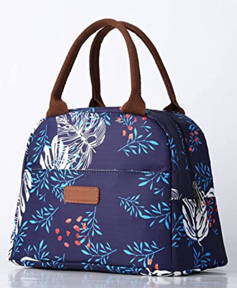 House of Quirk Insulated Nylon Reusable Lunch Bag Tote Printed Bag for School Picnic Office  - Blue/Big White Leaves-image-46