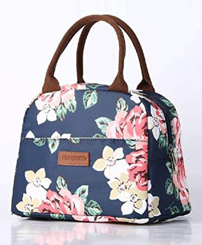 House of Quirk Insulated Reusable Nylon Lunch Bag Tote Printed Bag for School  Picnic  Office  Outdoor  Gym  - Navy Rose Flower-image-5