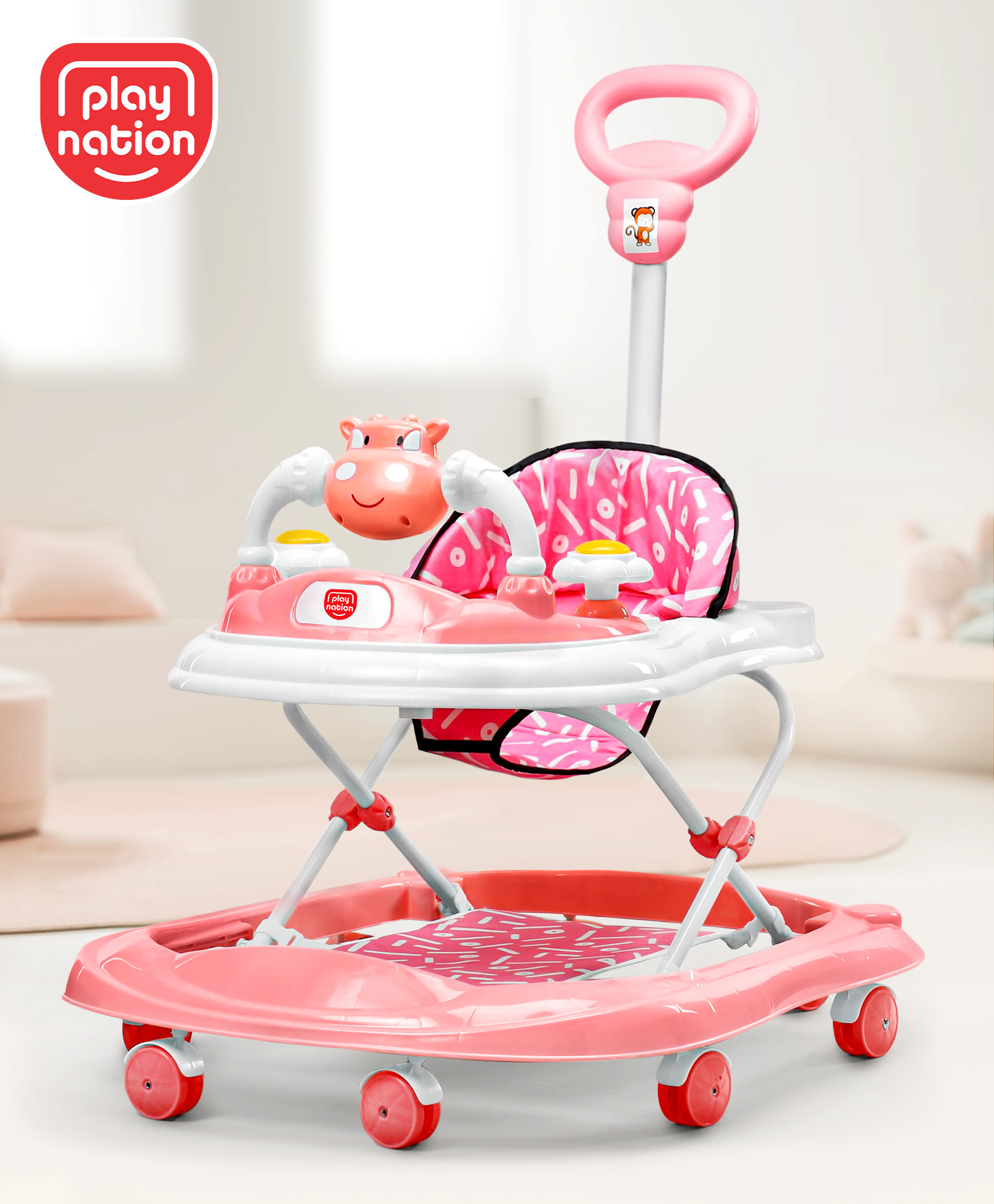 Play Nation Foldable Baby Walker with Parental Push Handle - Pink-picture-16