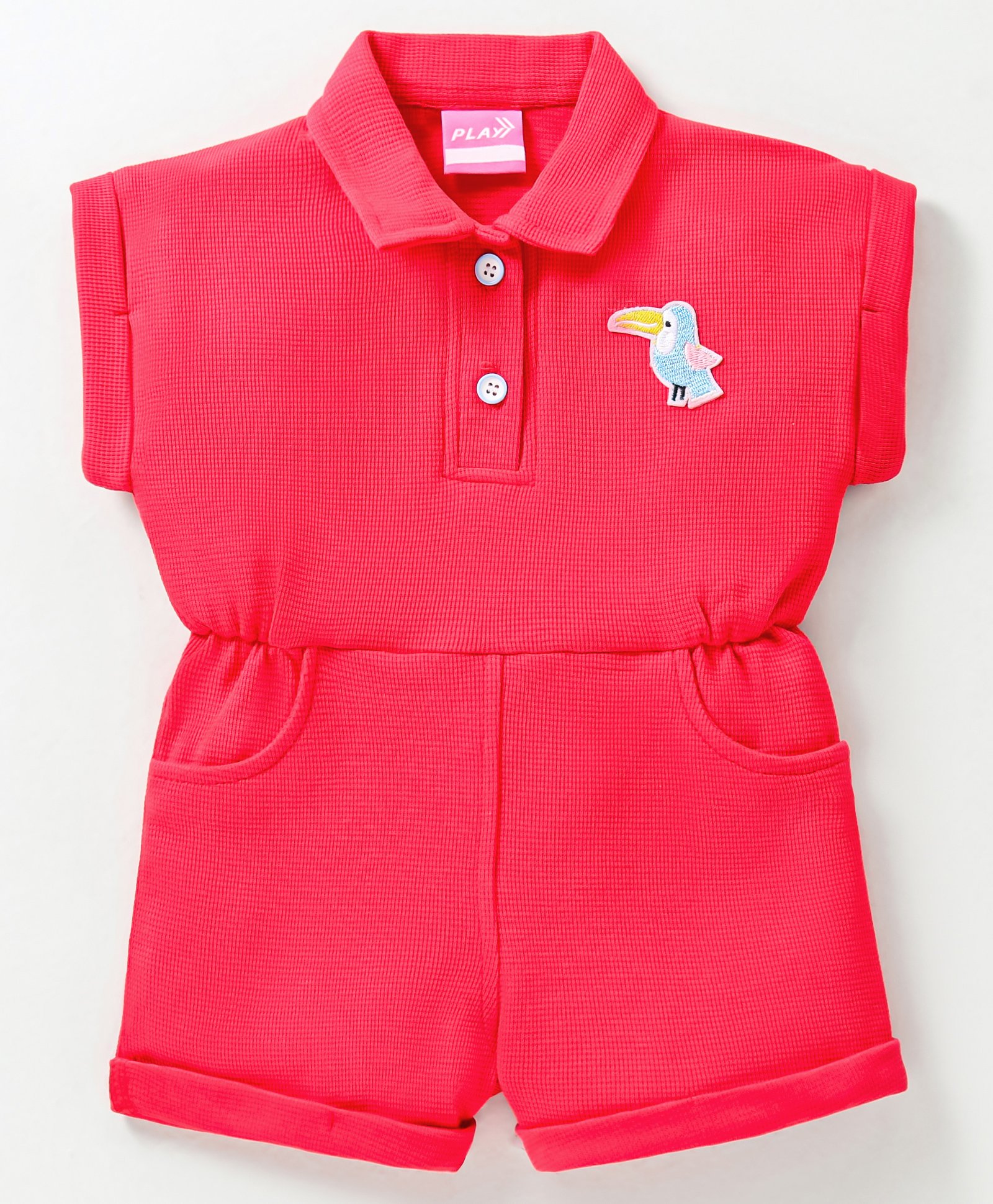 Little Kangaroos 100% Cotton Half Sleeves Bird Patched Jumpsuit - Red-picture-22