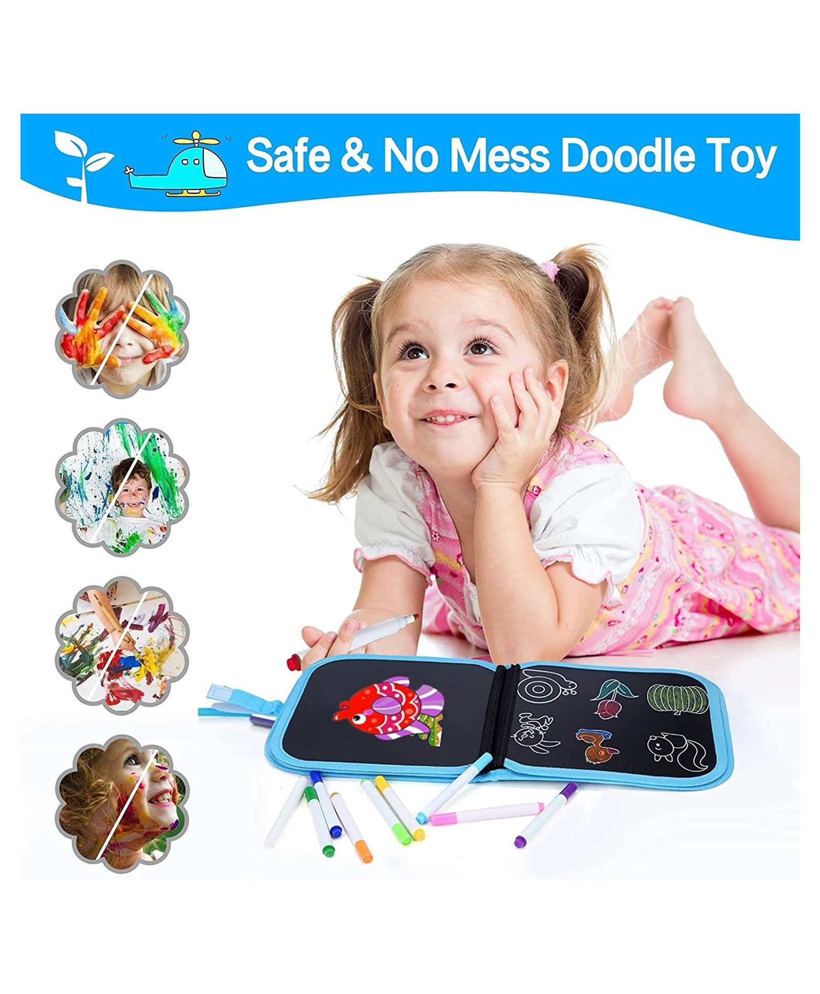 Sanjary Erasable Doodle Book For Kids Erasable Doodle Slate Painting Kit Drawing Book With Wet Wipes And Colors Slate For Kids Water-Soluble Chalk Markers Art Toy Portable Writing Painting Gift Set (Pack of 1 Design And Color May Vary)-image-15
