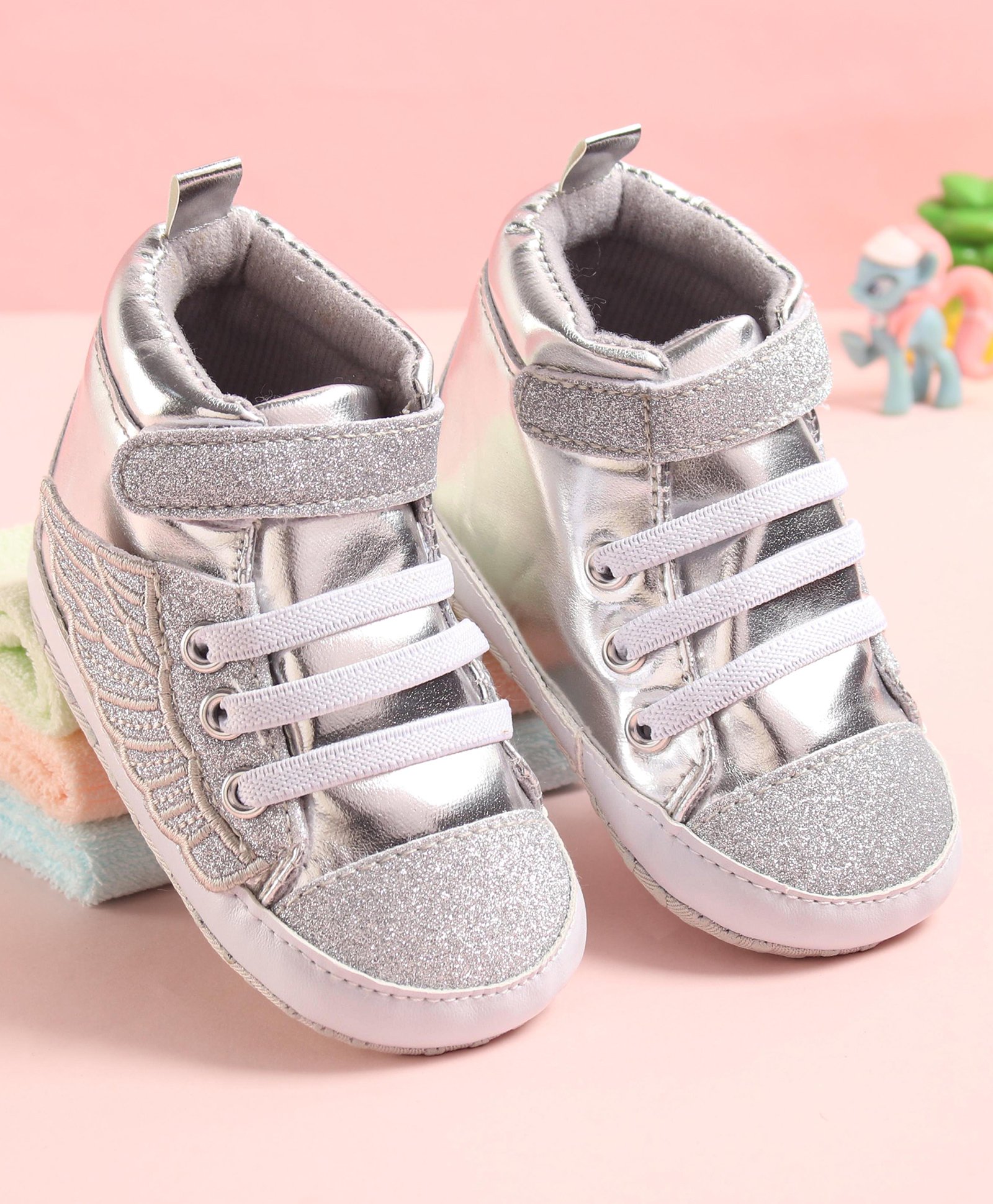 Babyoye Velcro Closure Booties with Wing Design - Silver-image-35