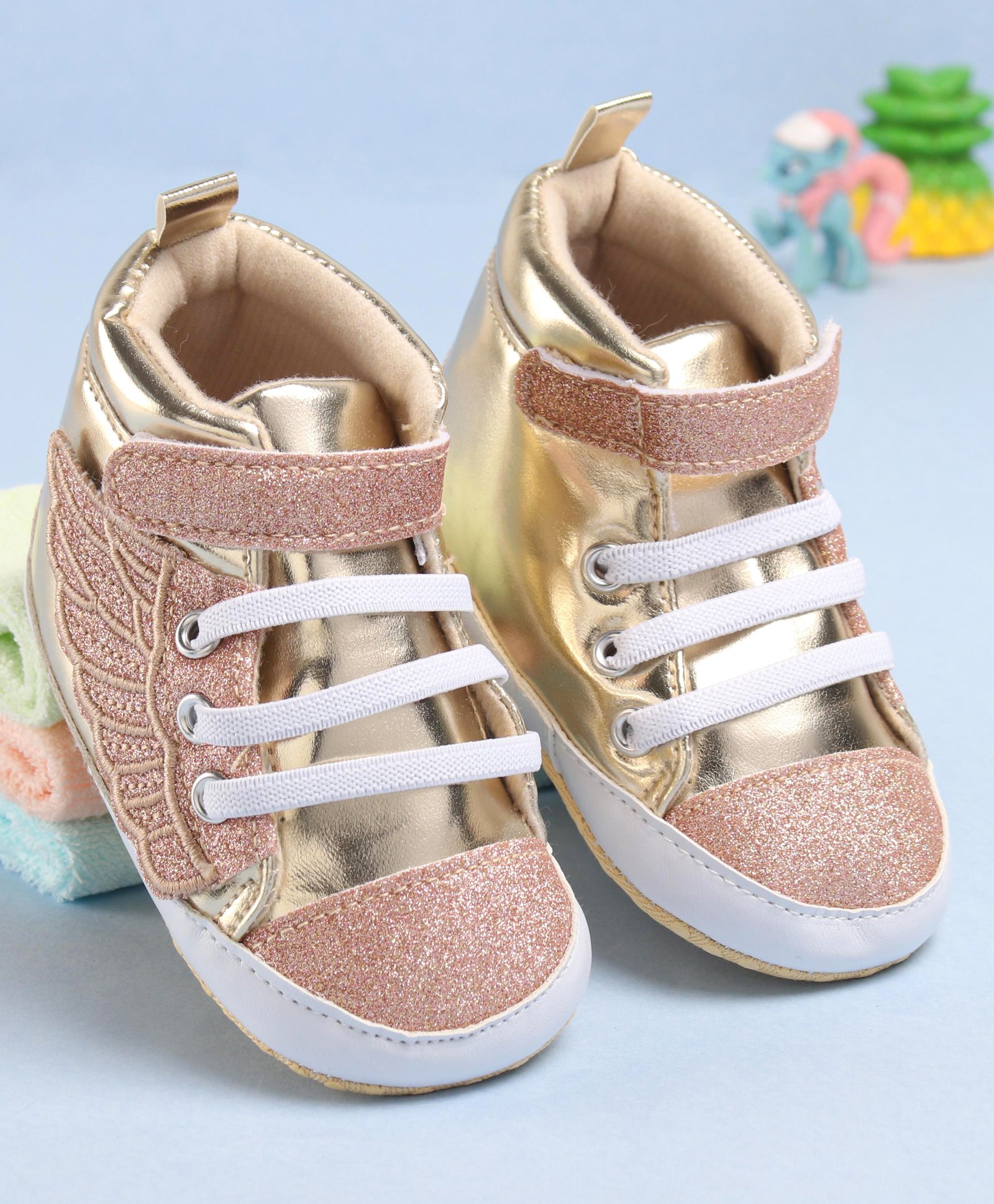 Babyoye Velcro Closure Booties with Wing Design - Golden-image-9
