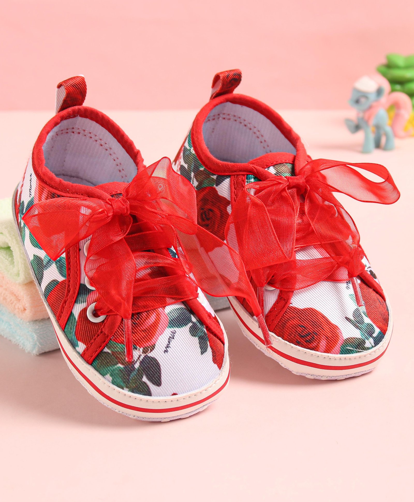 Babyoye Laced Up  Booties with Floral Print -  Red-picture-19