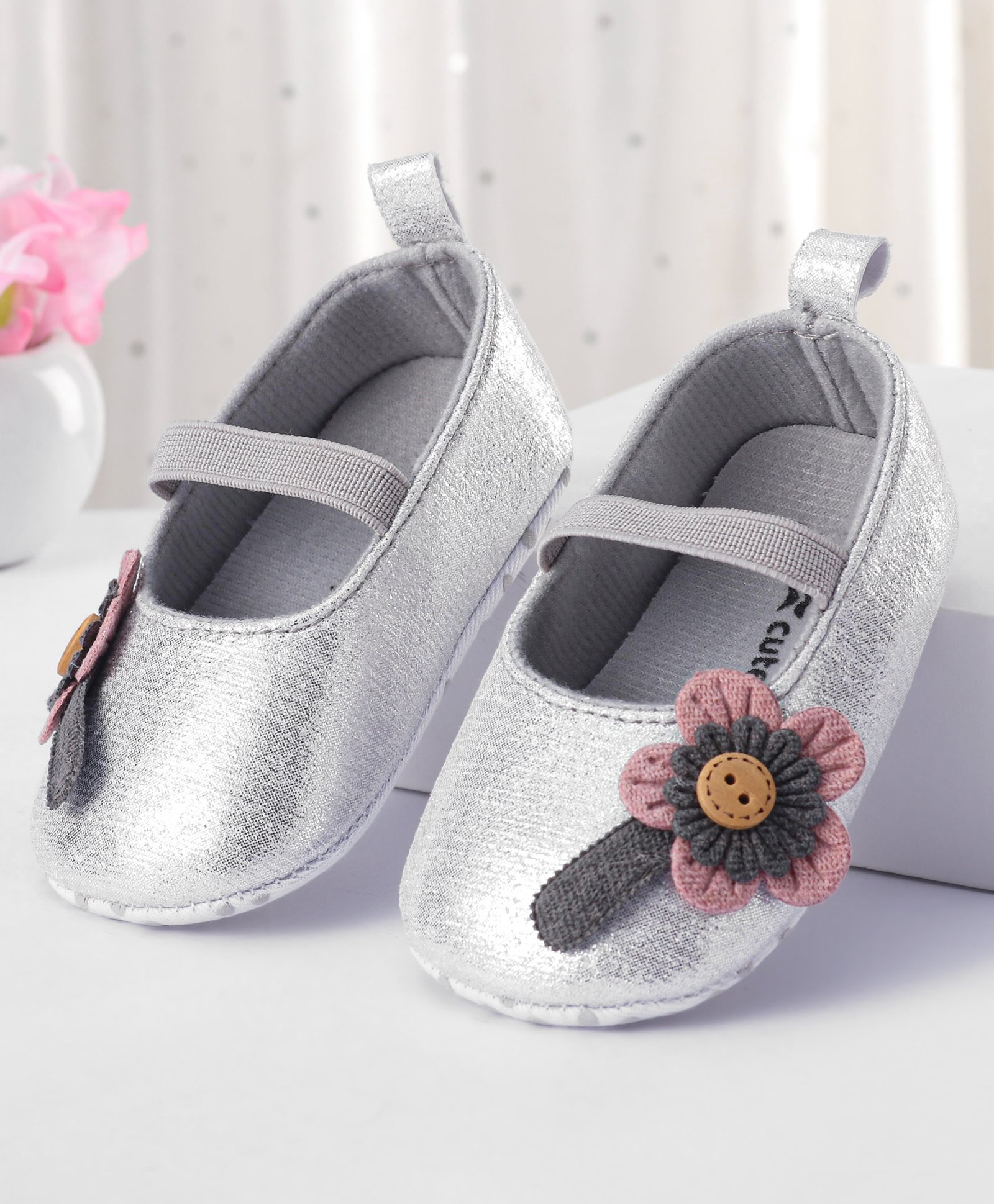 Cute Walk by Babyhug Booties Floral Applique - Silver-image-9