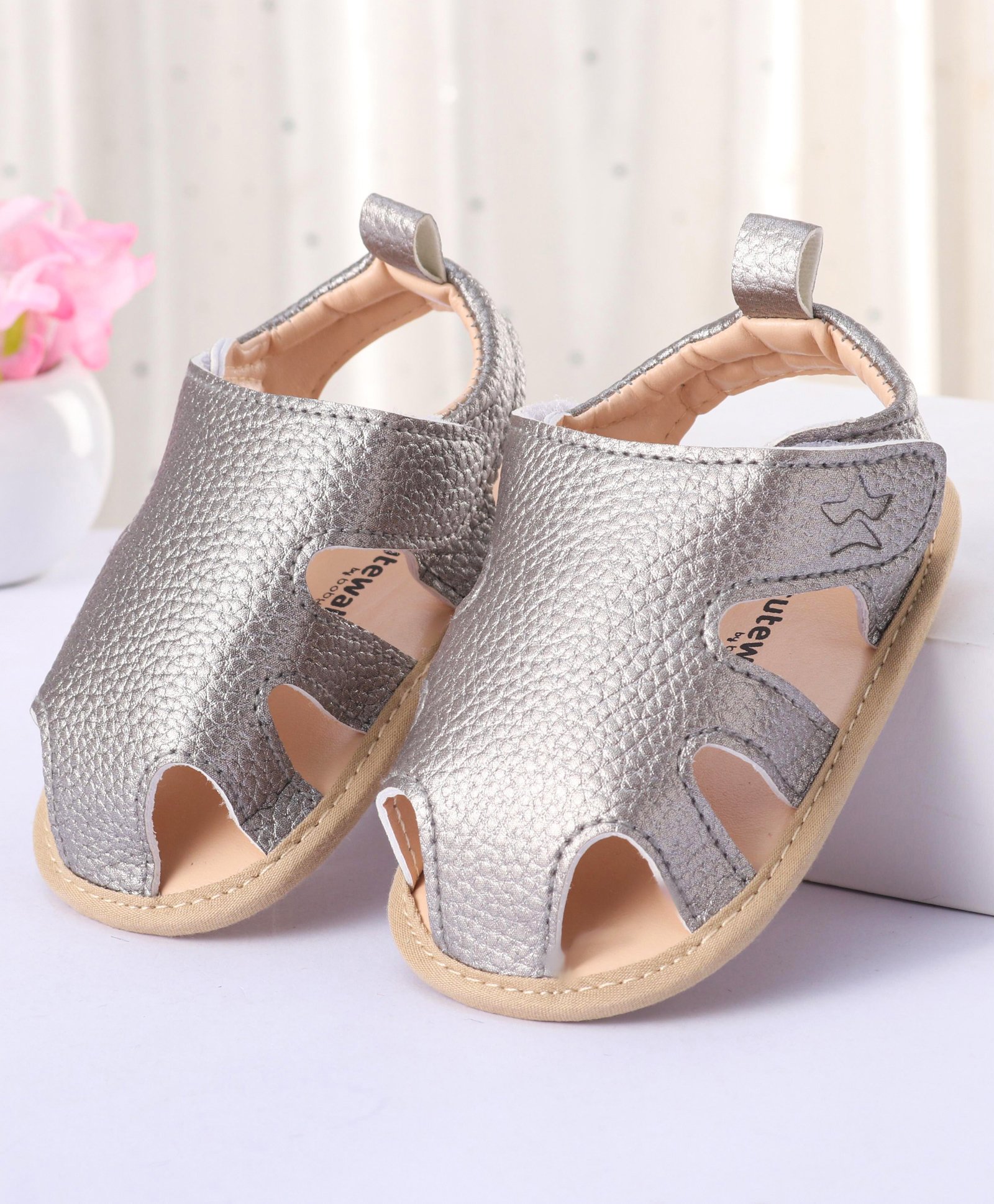 Cute Walk by Babyhug Solid Colour Velcro Closure Booties - Silver-image-18