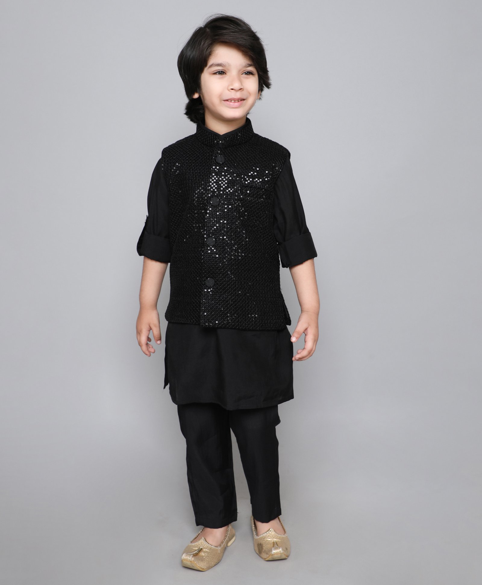 Ministitch Full Sleeves Solid Coordinating Kurta & Pyjama Set With Sequin Embroidered Jacket - Black-image-32