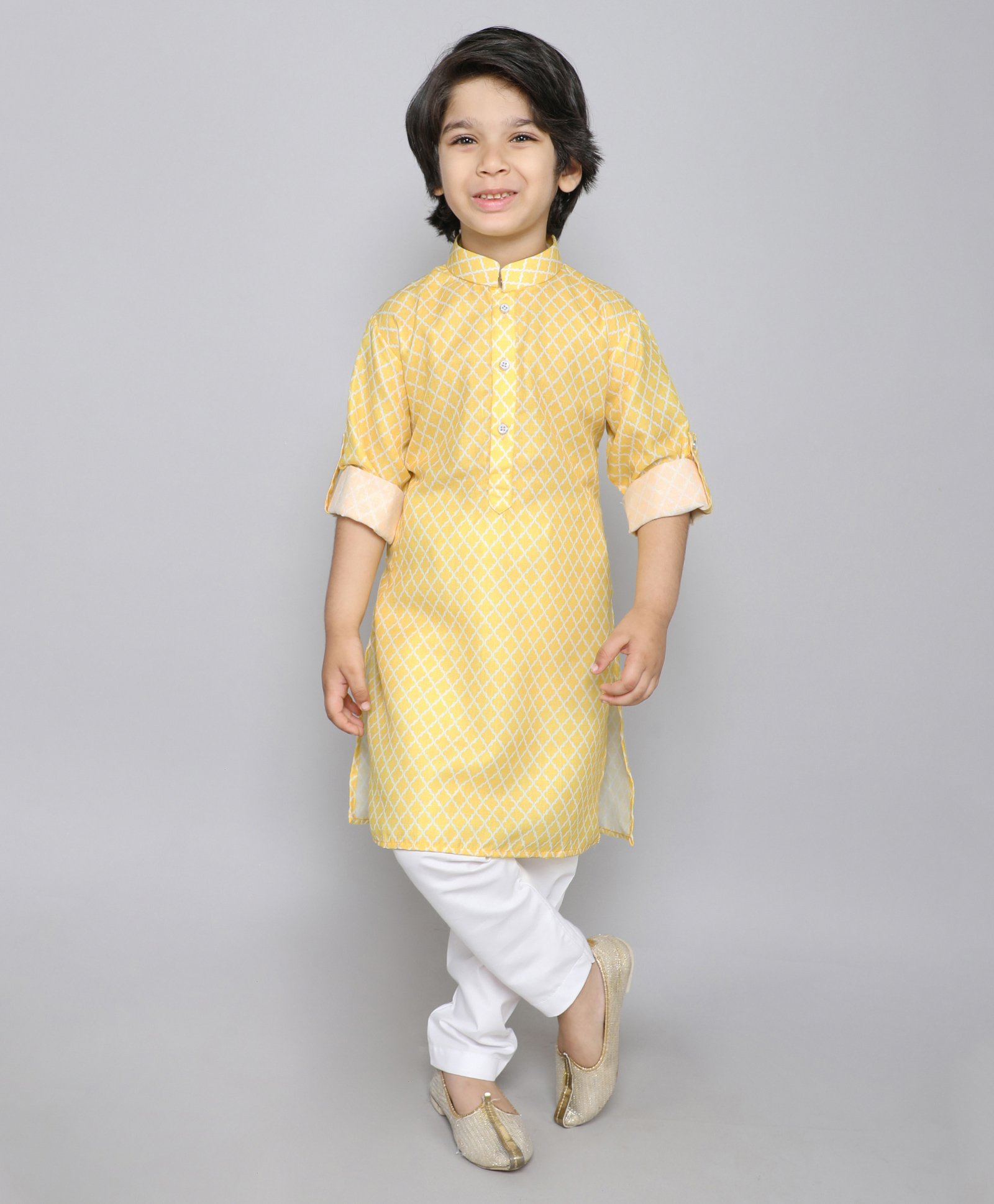 Ministitch Full Sleeves Geometric Printed Kurta & Pyjama Set - Yellow-image-45