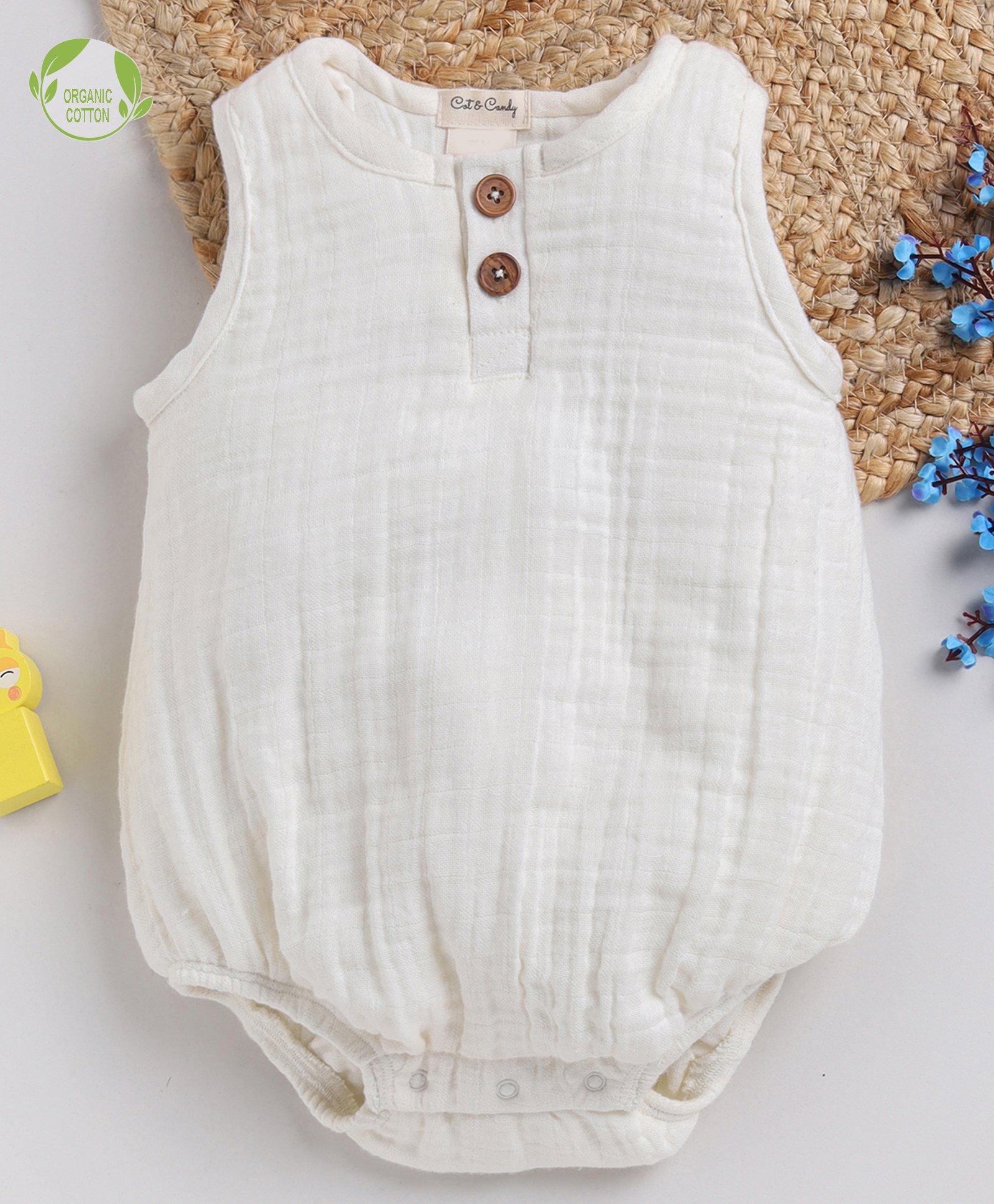 Cot & Candy Sleeveless Round Neck Solid Muslin Romper  -Milk-picture-19