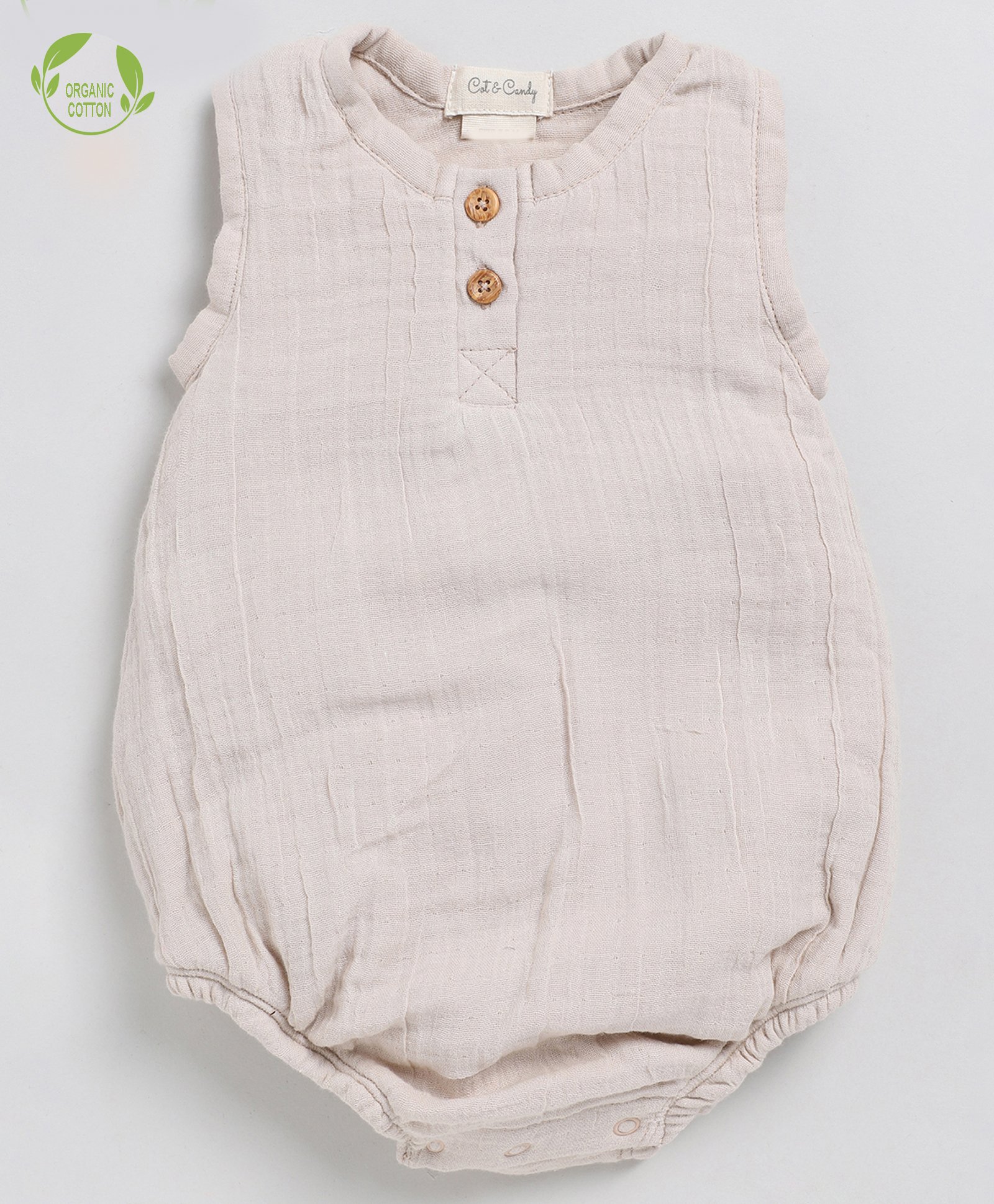 Cot & Candy Sleeveless Round Neck Solid Muslin Romper  -Oatmeal-picture-22