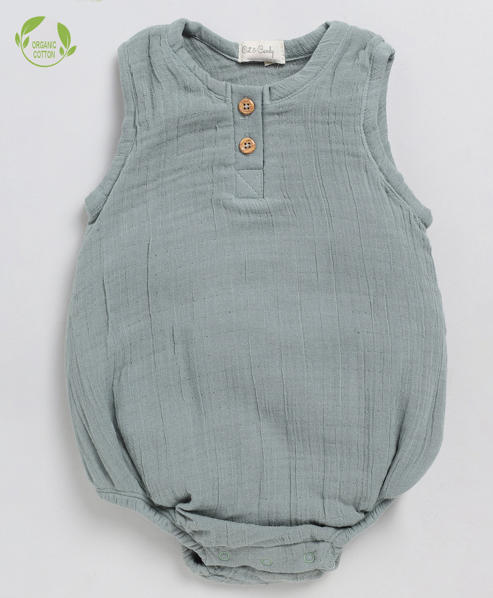 Cot & Candy Sleeveless Round Neck Solid Muslin Romper  -Sage-picture-17