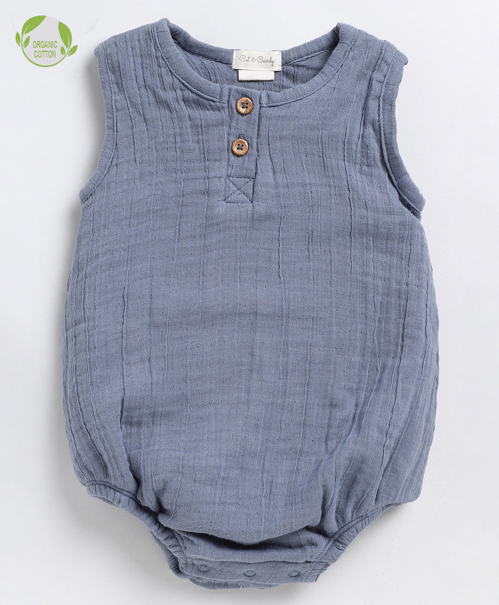 Cot & Candy Sleeveless Round Neck Solid Muslin Romper  -Aqua-image-7