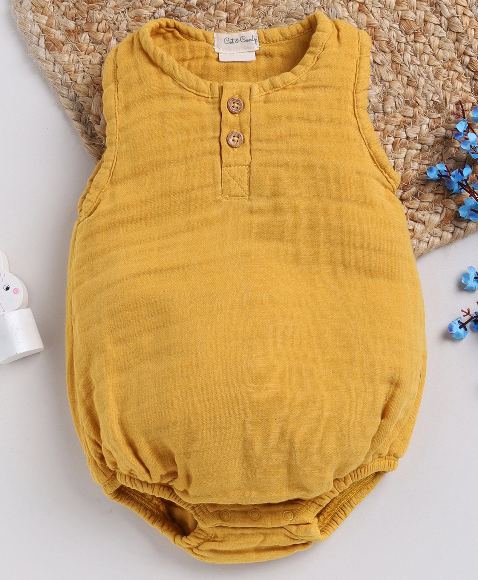 Cot & Candy Sleeveless Round Neck Solid Muslin Romper  -Mustard-picture-11