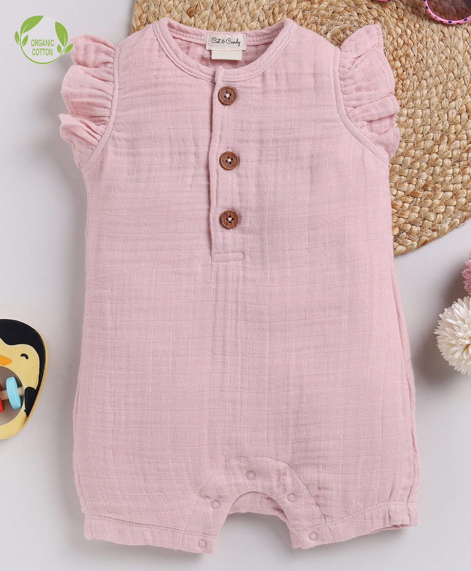 Cot & Candy Sleeveless Round Neck Solid Muslin Romper  -Pink Blush-picture-14
