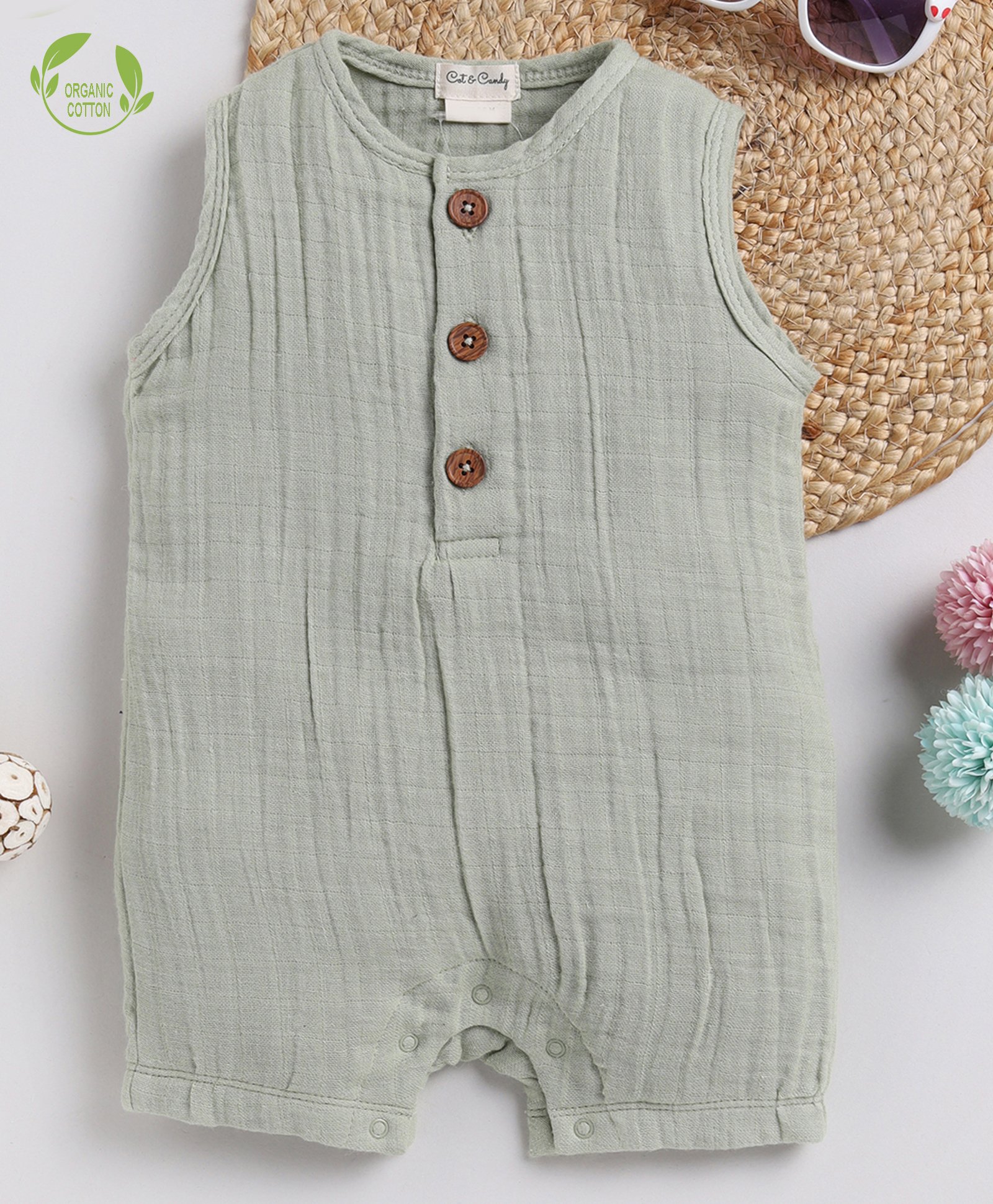 Cot & Candy Sleeveless Round Neck Solid Muslin Romper  -Sage-picture-21