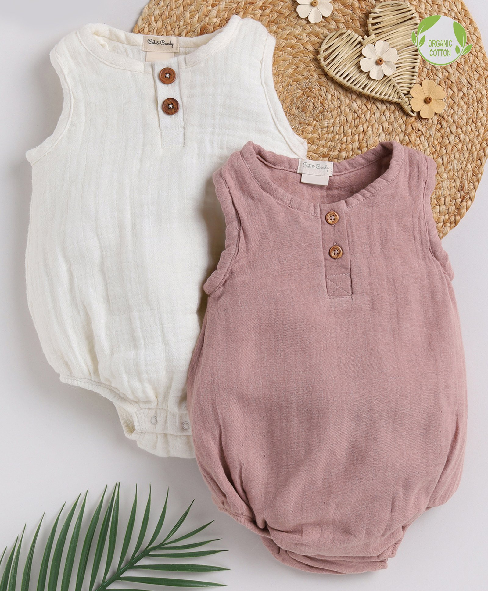 Cot & Candy Sleeveless Round Neck Solid Muslin Romper  -White and Pink Blush-picture-21
