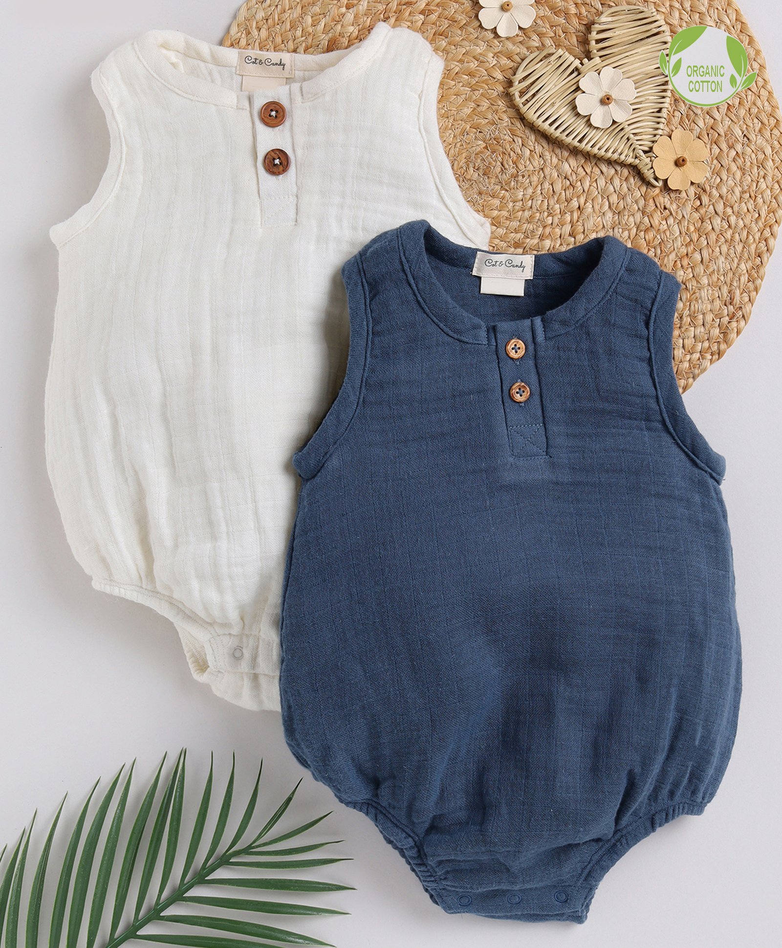 Cot & Candy Sleeveless Round Neck Solid Muslin Romper  -White and Navy-picture-20