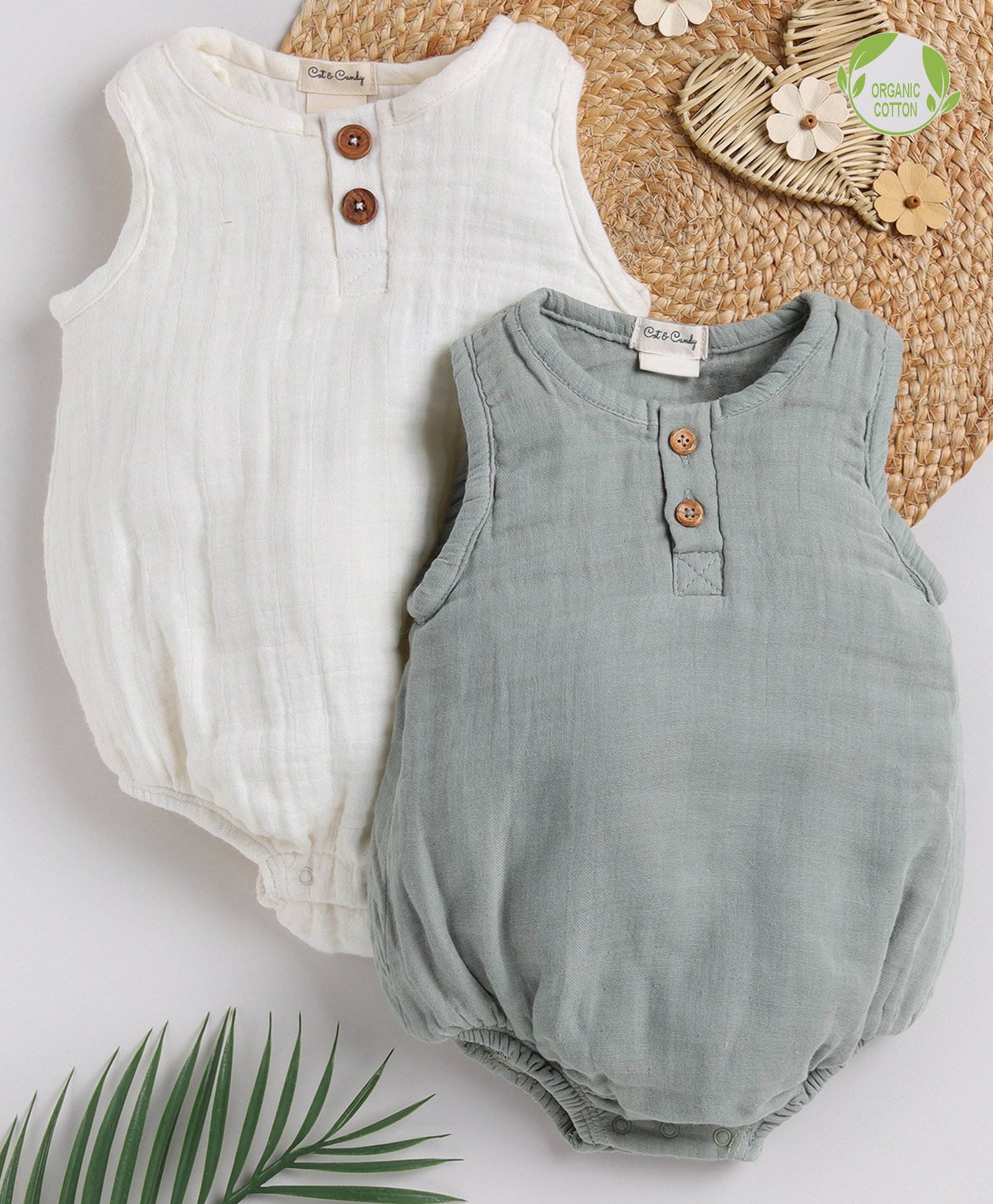 Cot & Candy Sleeveless Round Neck Solid Muslin Romper  -White and Sage-picture-26