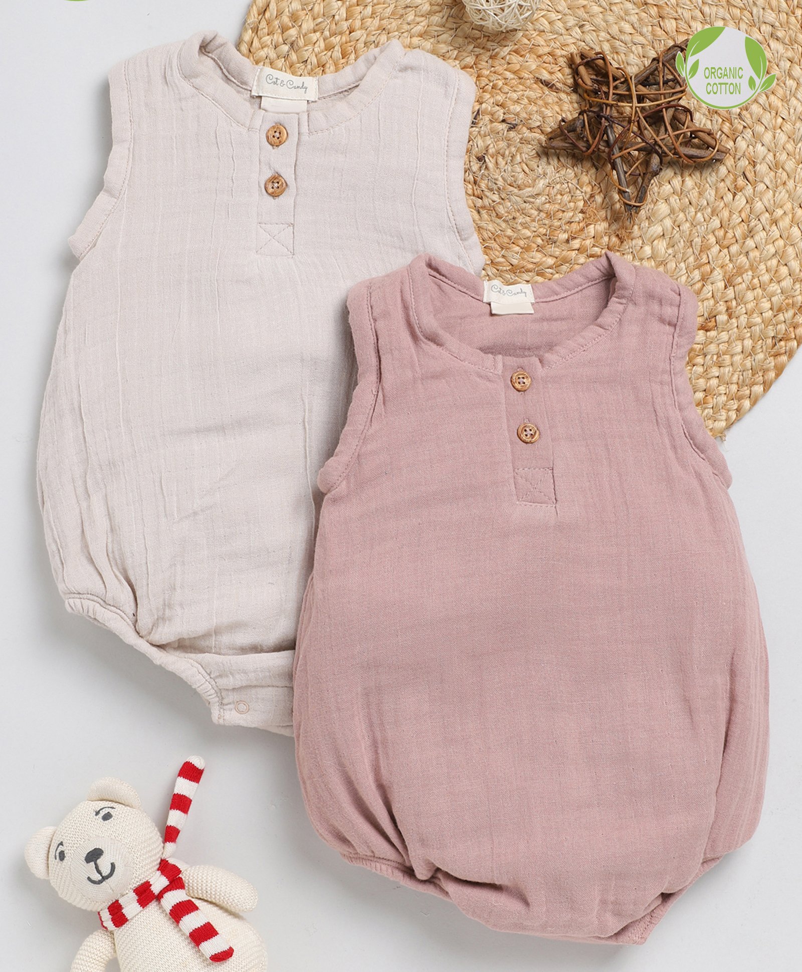 Cot & Candy Sleeveless Round Neck Solid Muslin Romper  -Oatmeal and Blush Pink-picture-13