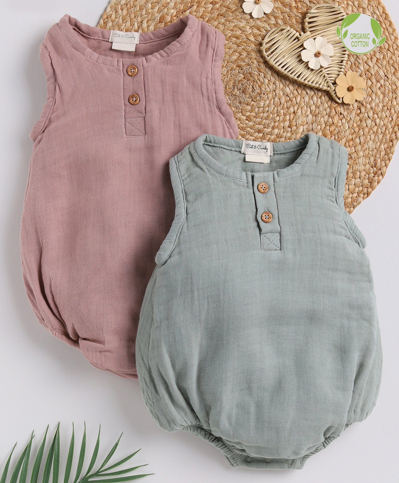 Cot & Candy Sleeveless Round Neck Solid Muslin Romper  -Blush Pink and Sage-picture-19