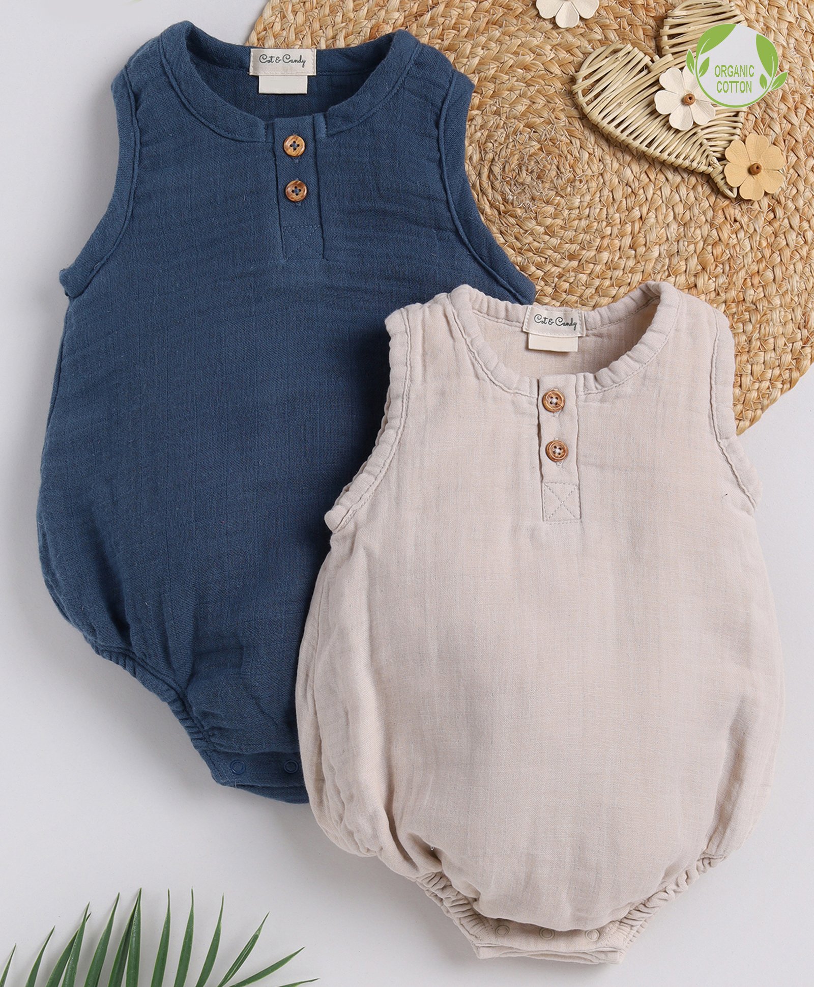 Cot & Candy Sleeveless Round Neck Solid Muslin Romper  -Navy and Oatmeal-picture-12