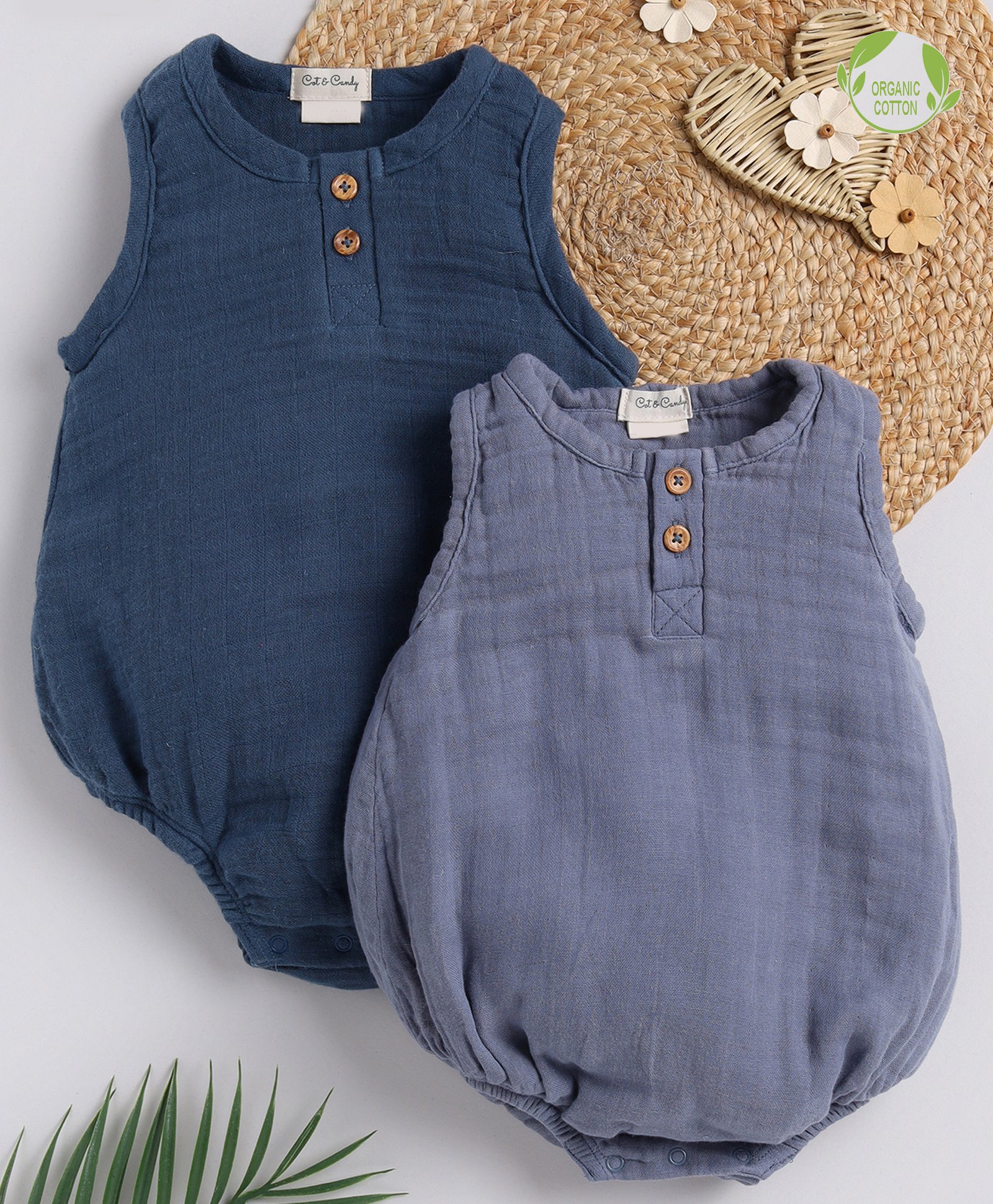 Cot & Candy Sleeveless Round Neck Solid Muslin Romper  -Navy and Aqua-picture-15