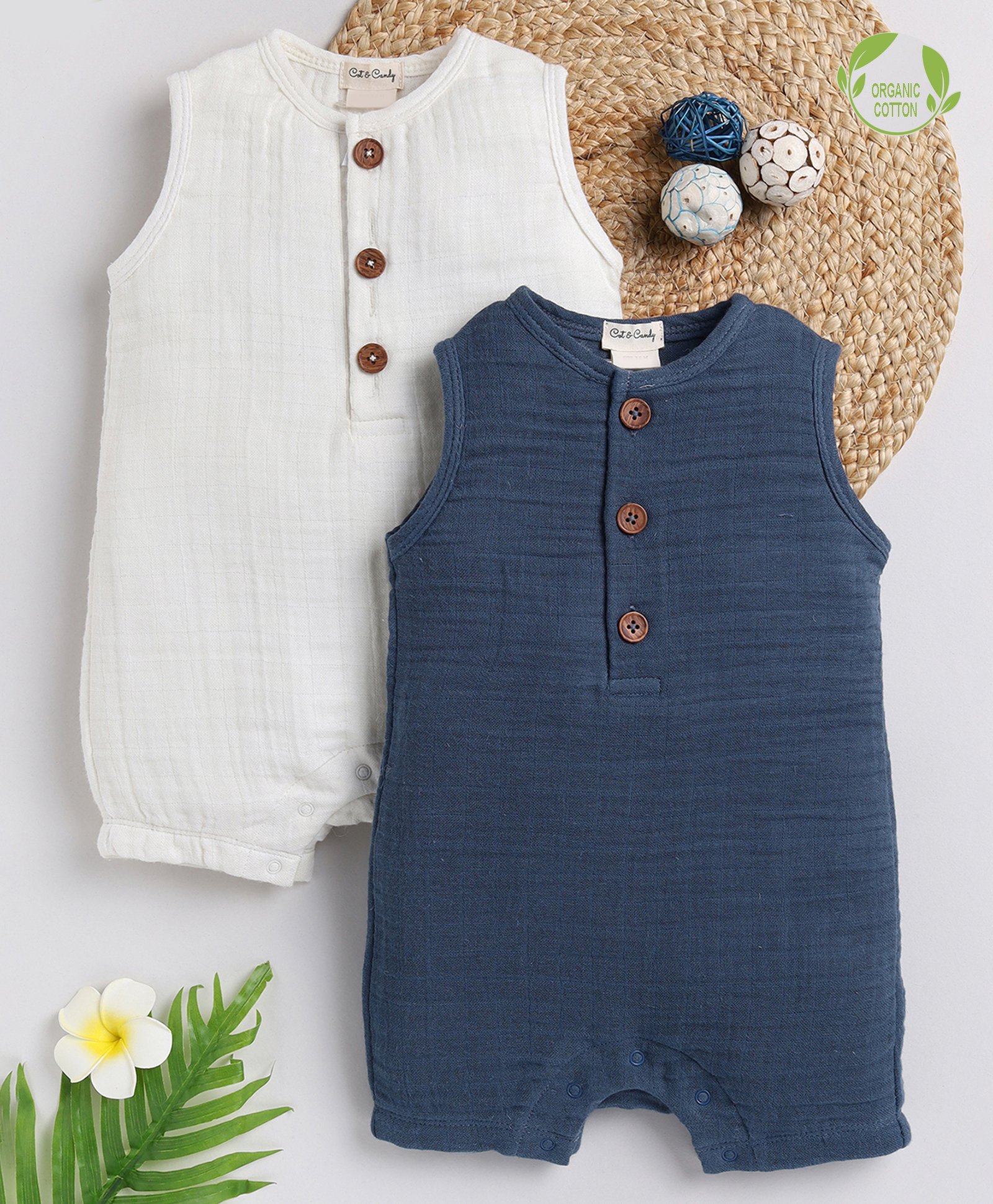 Cot & Candy Sleeveless Round Neck Solid Muslin Romper  -Milk and Navy-picture-25