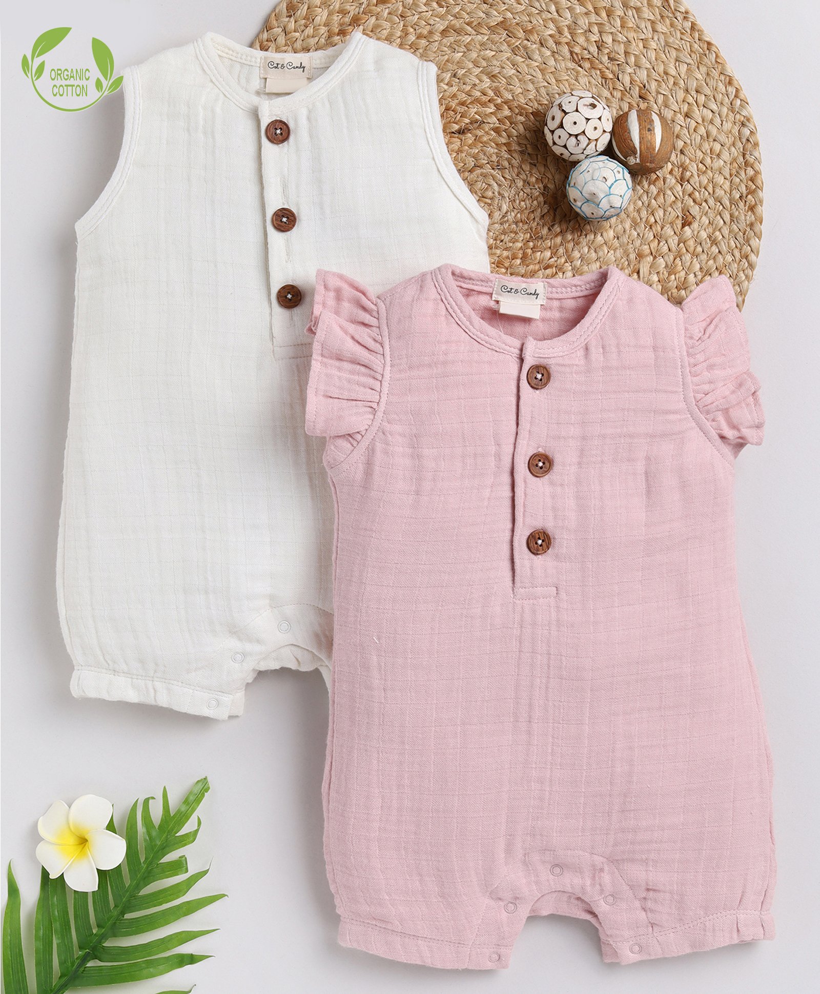 Cot & Candy Sleeveless Round Neck Solid Muslin Romper  -Milk and Pink Blush-picture-15