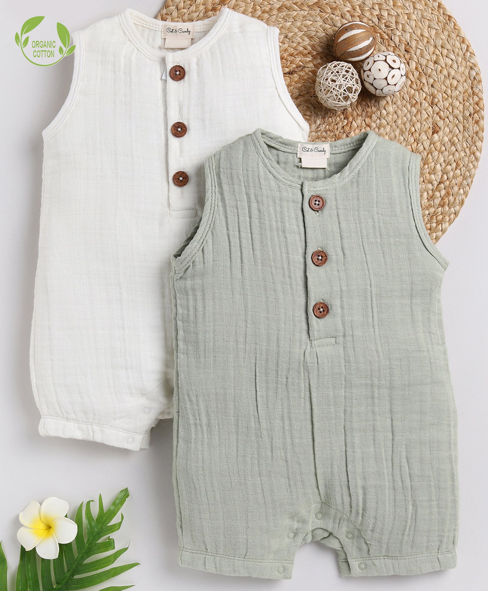 Cot & Candy Sleeveless Round Neck Solid Muslin Romper  -Milk and Sage-picture-23