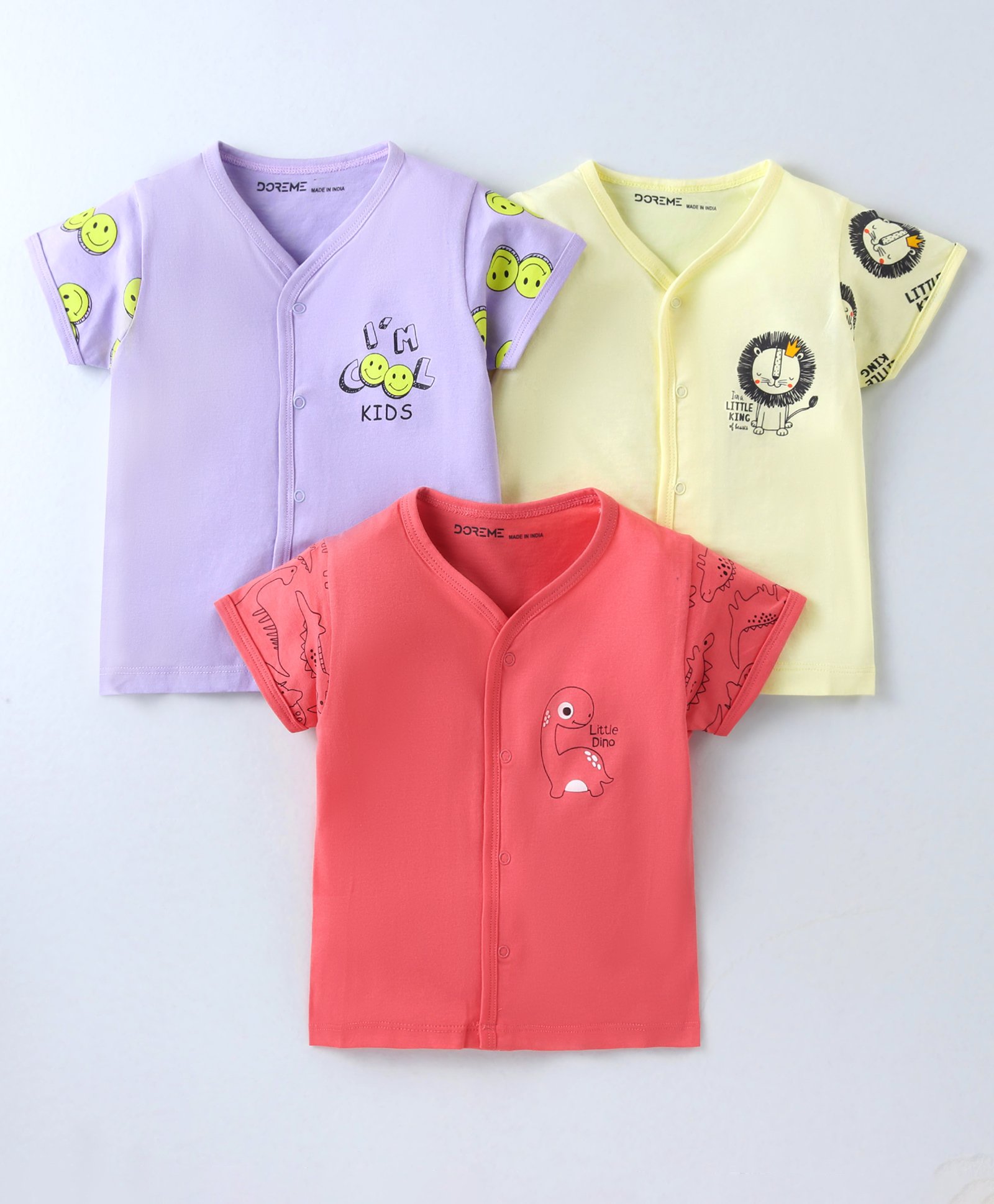 Doreme Single Jersey Half Sleeves Vest With Animals & Text Print Pack Of 3 - Coral Rose Opera Mouve & Misty Yellow-picture-14