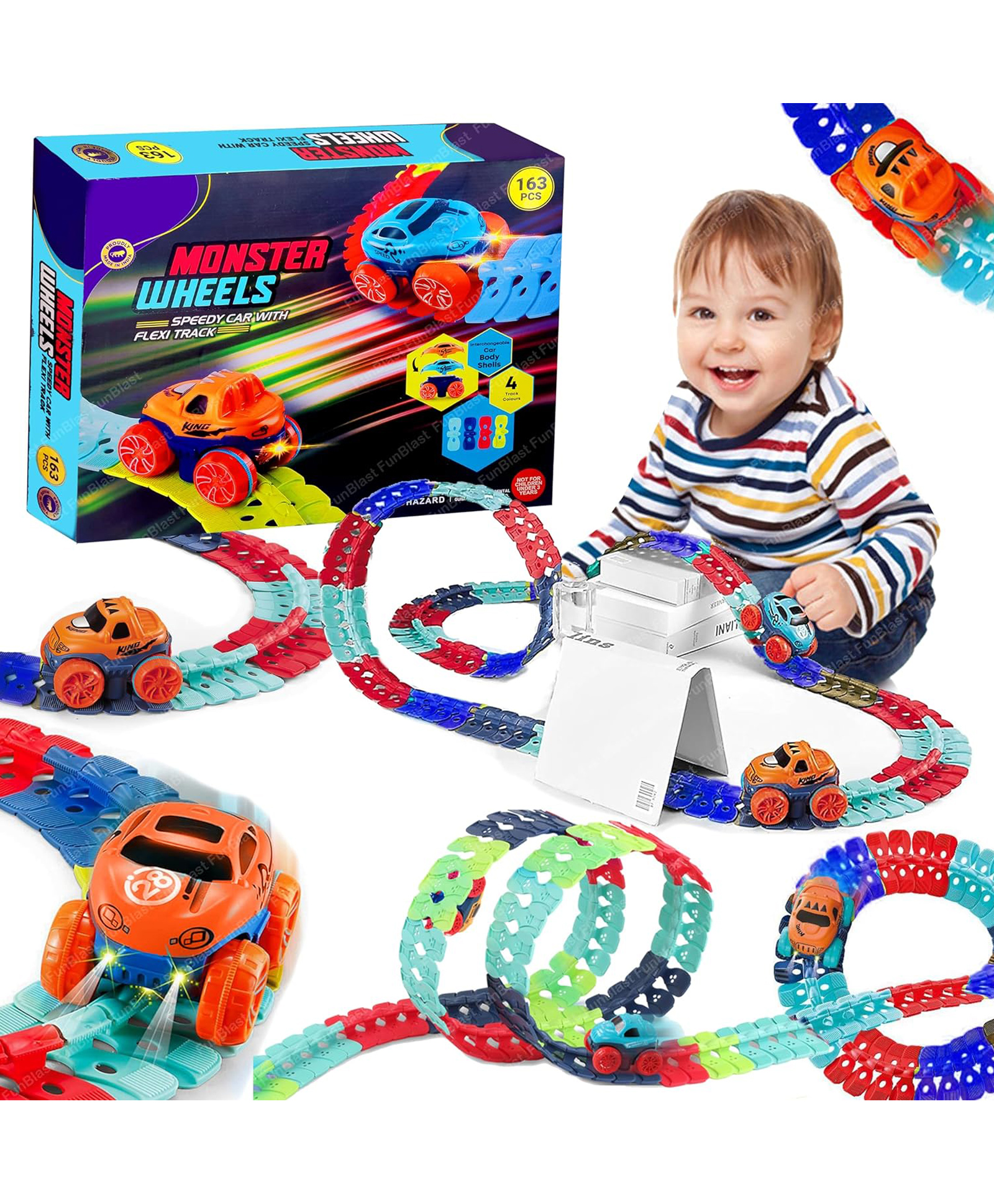 FunBlast Flexible Racing Track Set with Monster Wheel Racing Car  163 Pcs Multicolor-image-21