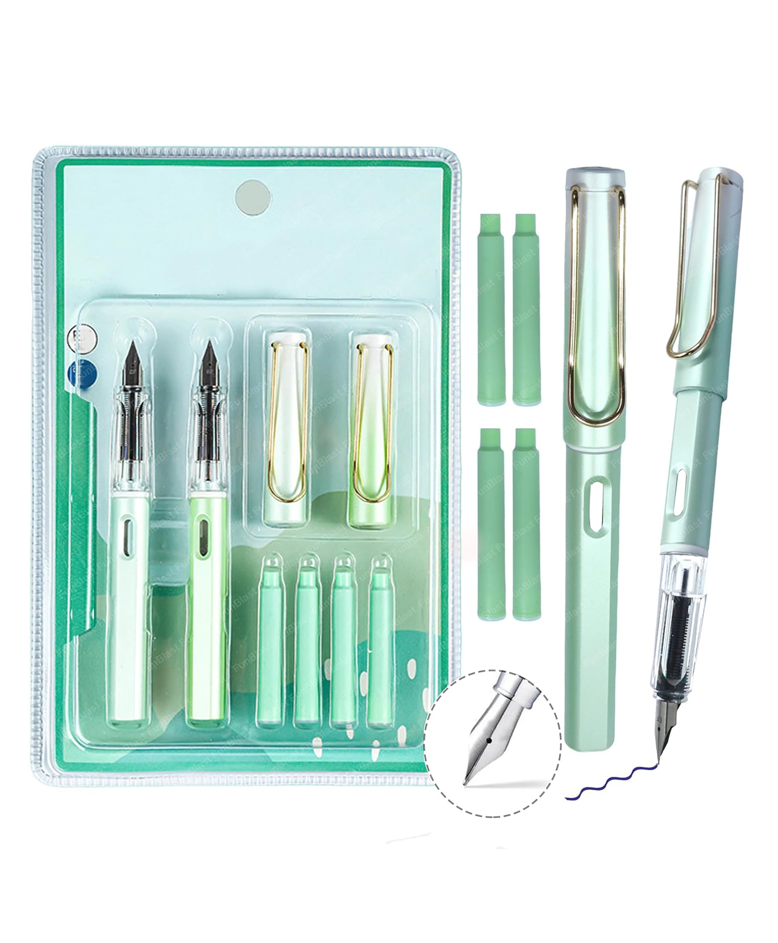 FunBlast 2 Pcs Fountain Pen Set with 4 Riffils  Green Emerland-picture-20