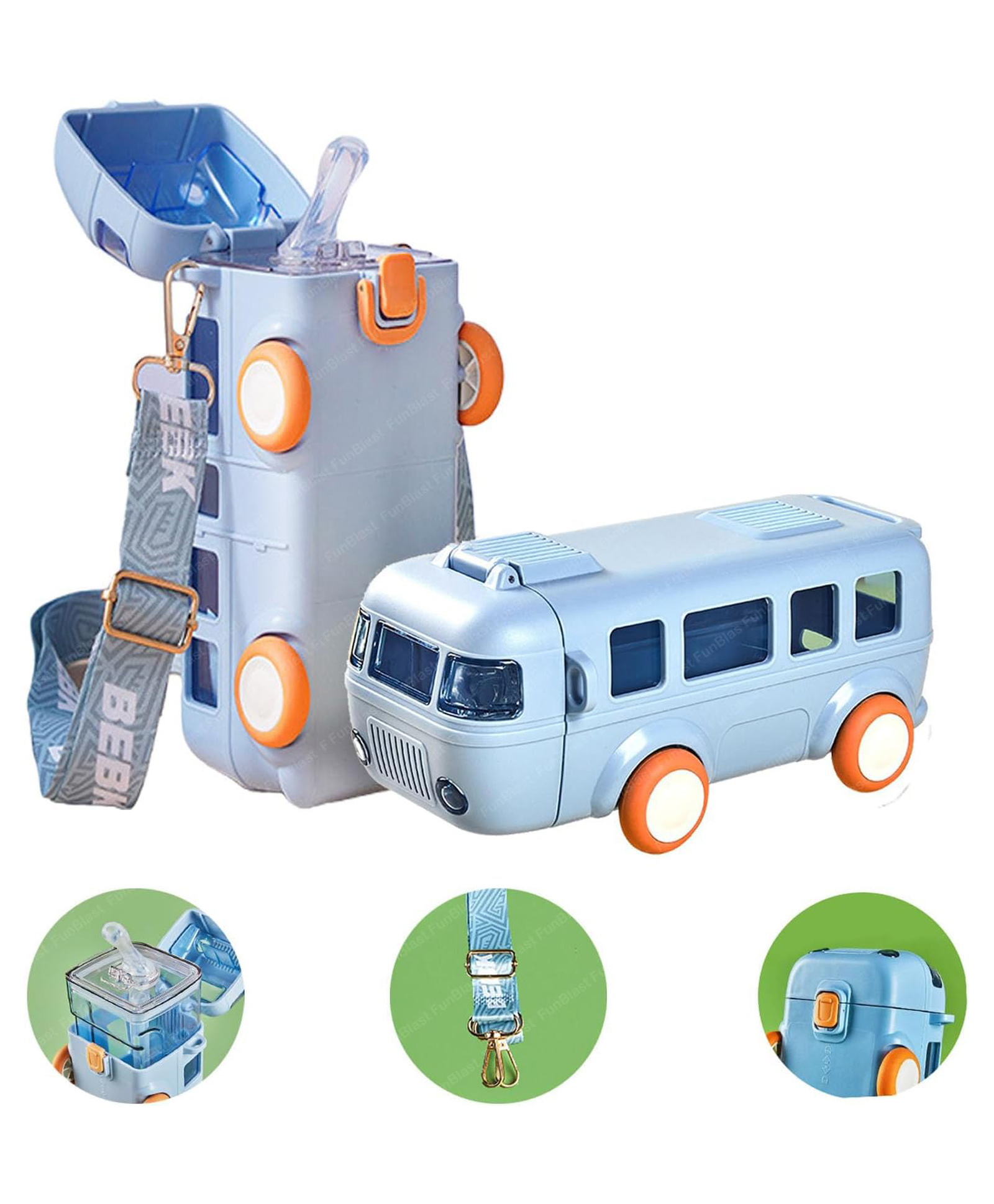 FunBlast Bus Shaped Water Bottle with Moving Wheels Strap & Sipper Blue - 480 ml-image-49