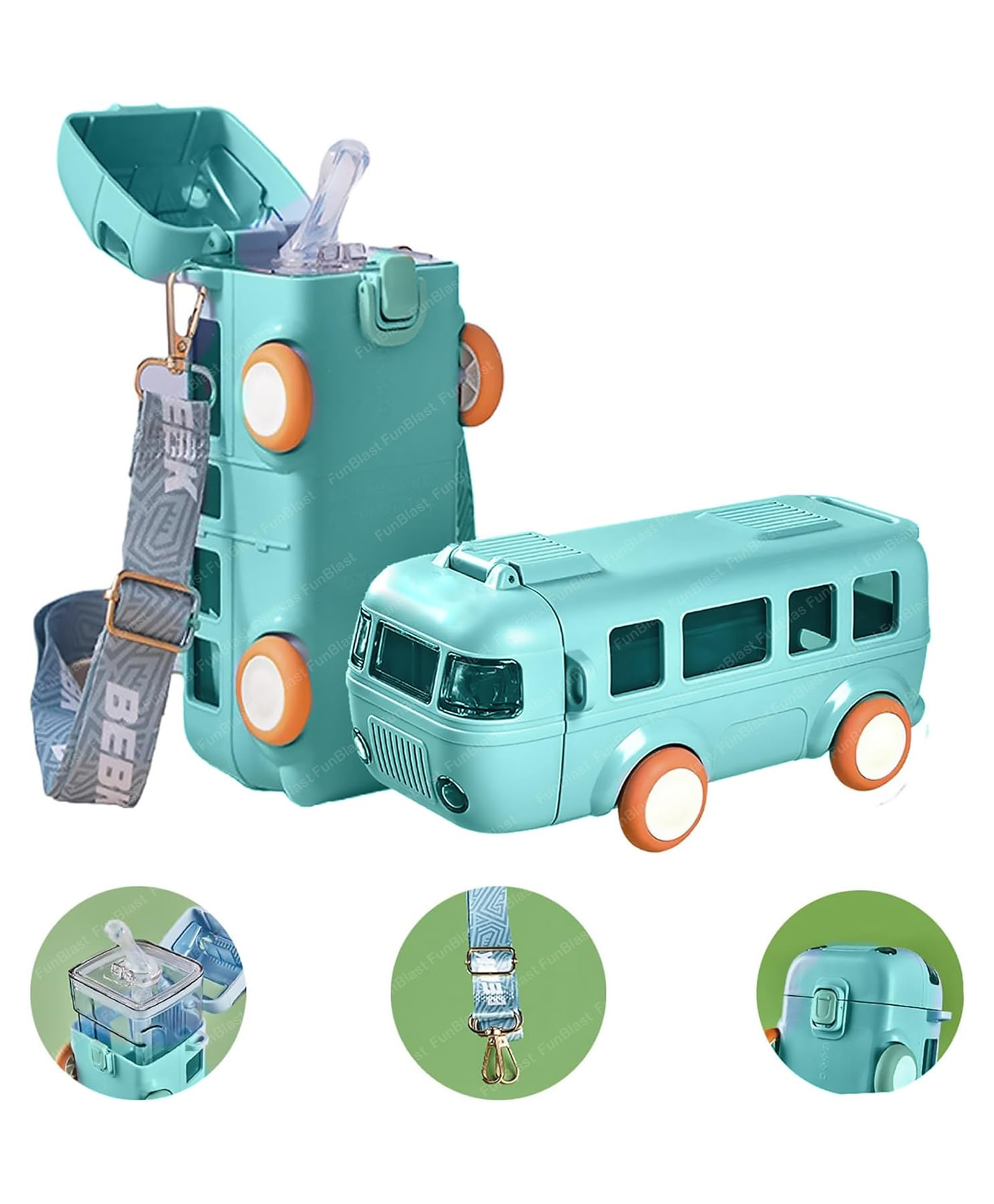 FunBlast Bus Shaped Water Bottle with Moving Wheels Strap & Sipper Sea Green - 480 ml-image-43
