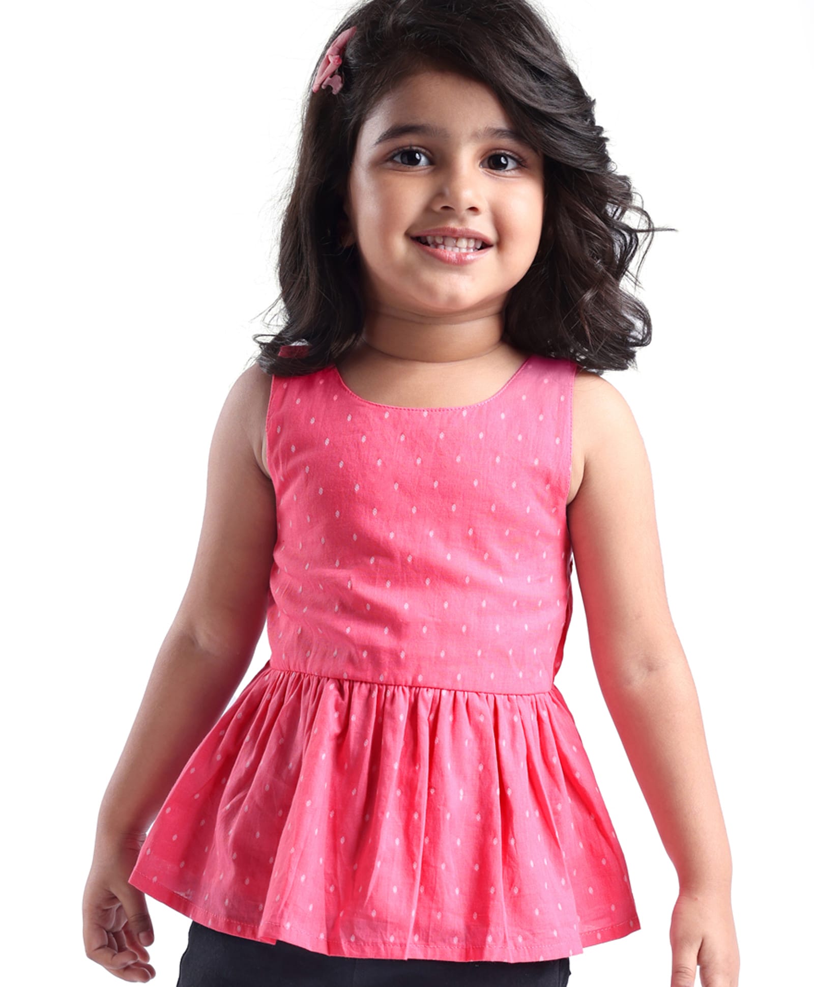 Babyhug Cotton Dobby Woven Sleeveless A-Line Top With Polka Dot Print and Bow Detailing - Pink-picture-28