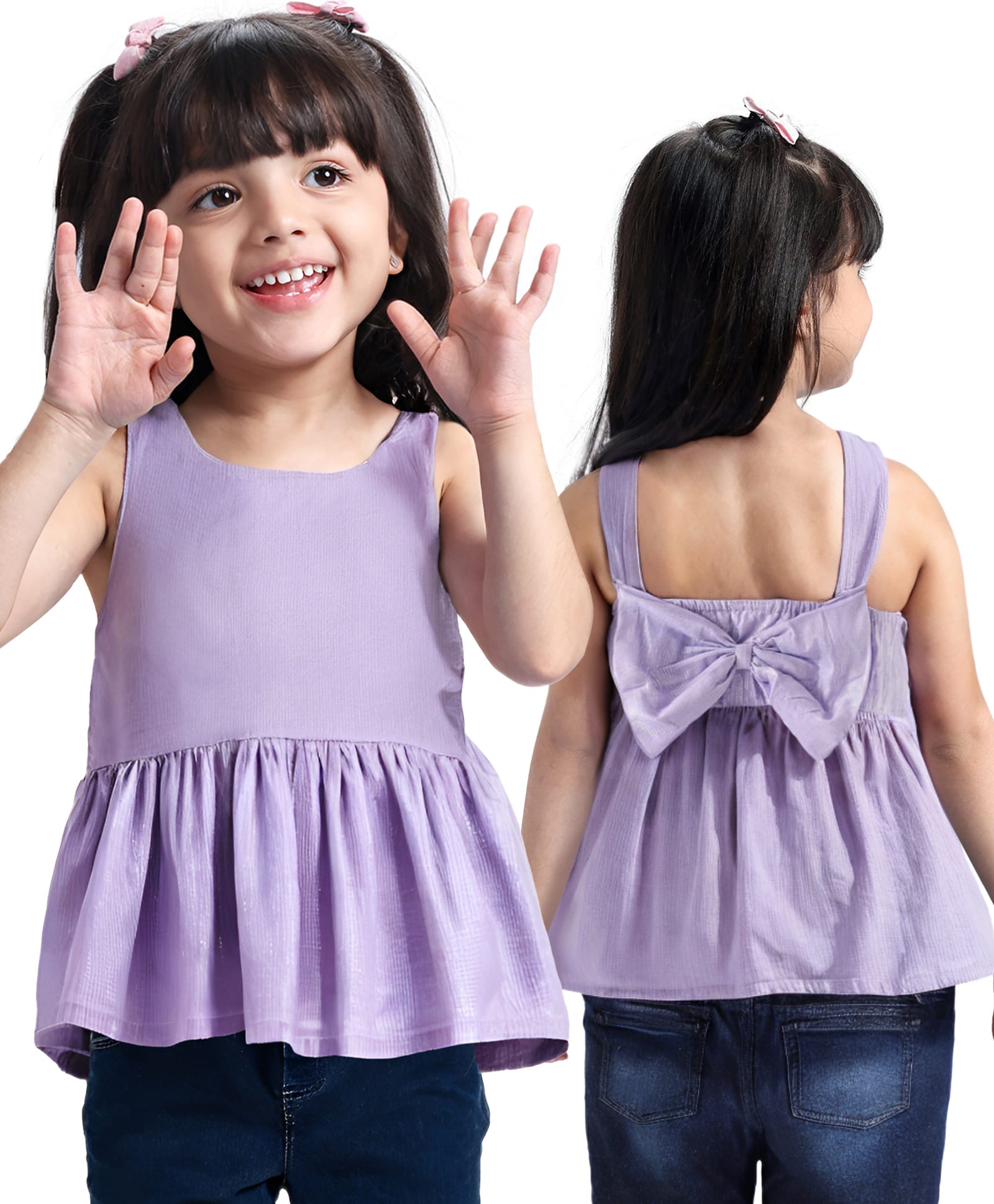 Babyhug Cotton Lurex Woven Sleeveless Solid Top with Bow Corsage - Purple-picture-16